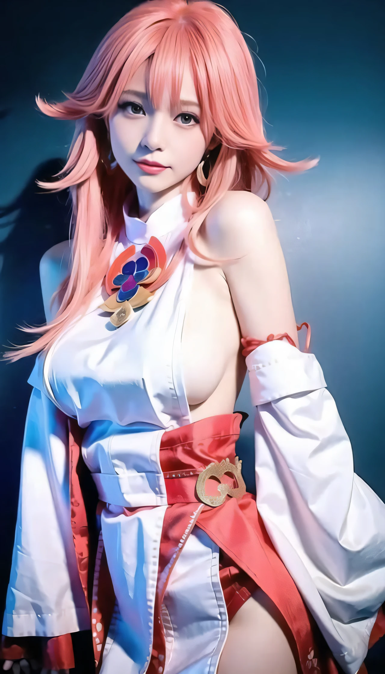 ((8k, RAW photo, highest quality, masterpiece), High detail RAW color photo professional close-up photo, (realistic, photo realism:1. 37), (highest quality), (best shadow), (best illustration), ultra high resolution, physics-based rendering, cinematic lighting), 1girl, petite, (ulzzang-6500:0.7), yae miko \(fox\), yae miko \(cosplay\), yae miko, smile, thick lips, narrow waist, shiny skin, pink hair, face_focus, (from side), depth of field, (long hair), bare shoulders, detached sleeves, hair ornament, earrings, bare thighs, (sideboob:1.65), upper body, east asian architecture, covered