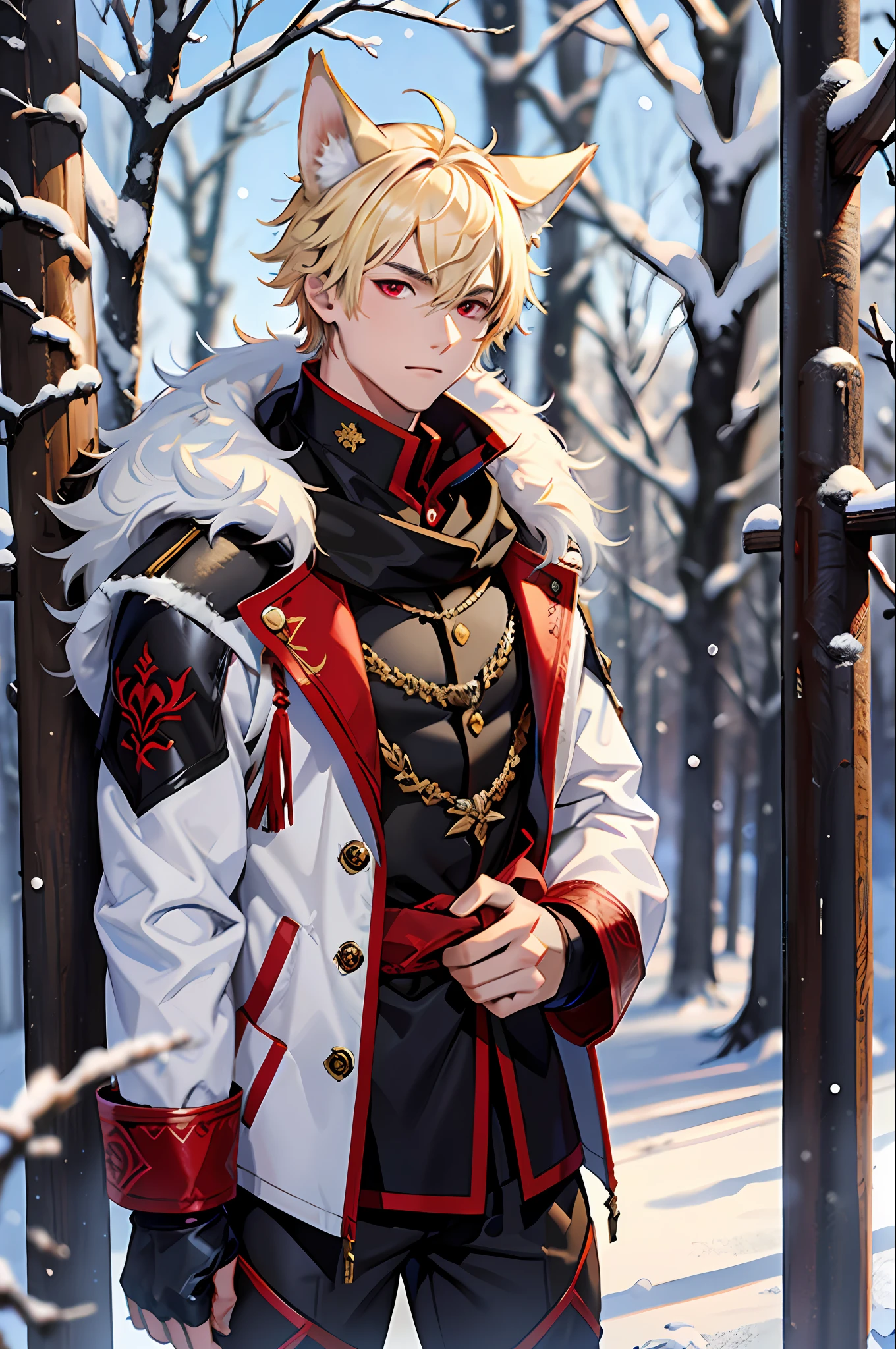 The highest quality, a 17-year-old man has very short blond hair, sharp red eyes and wolf ears and tail, blushe, snowy, it is winter with a forest