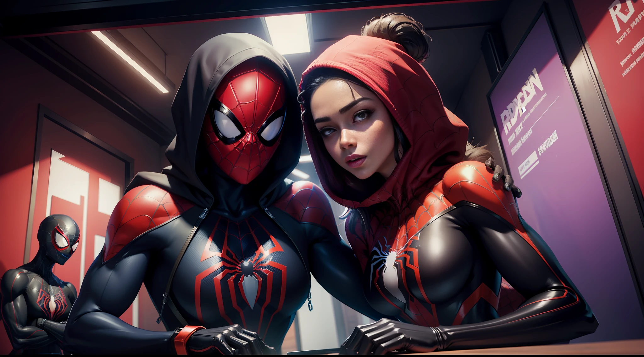woman spider man bodybuilder - spider - man and spider - man in a dark room, spider - verse art style, into the spiderverse, spiderverse, into the spider verse, futuristic style spiderman, miles morales!!!, 3840 x 2160, 3840x2160, miles morales, hq 4k wallpaper, rendered in sfm, super detailed render
