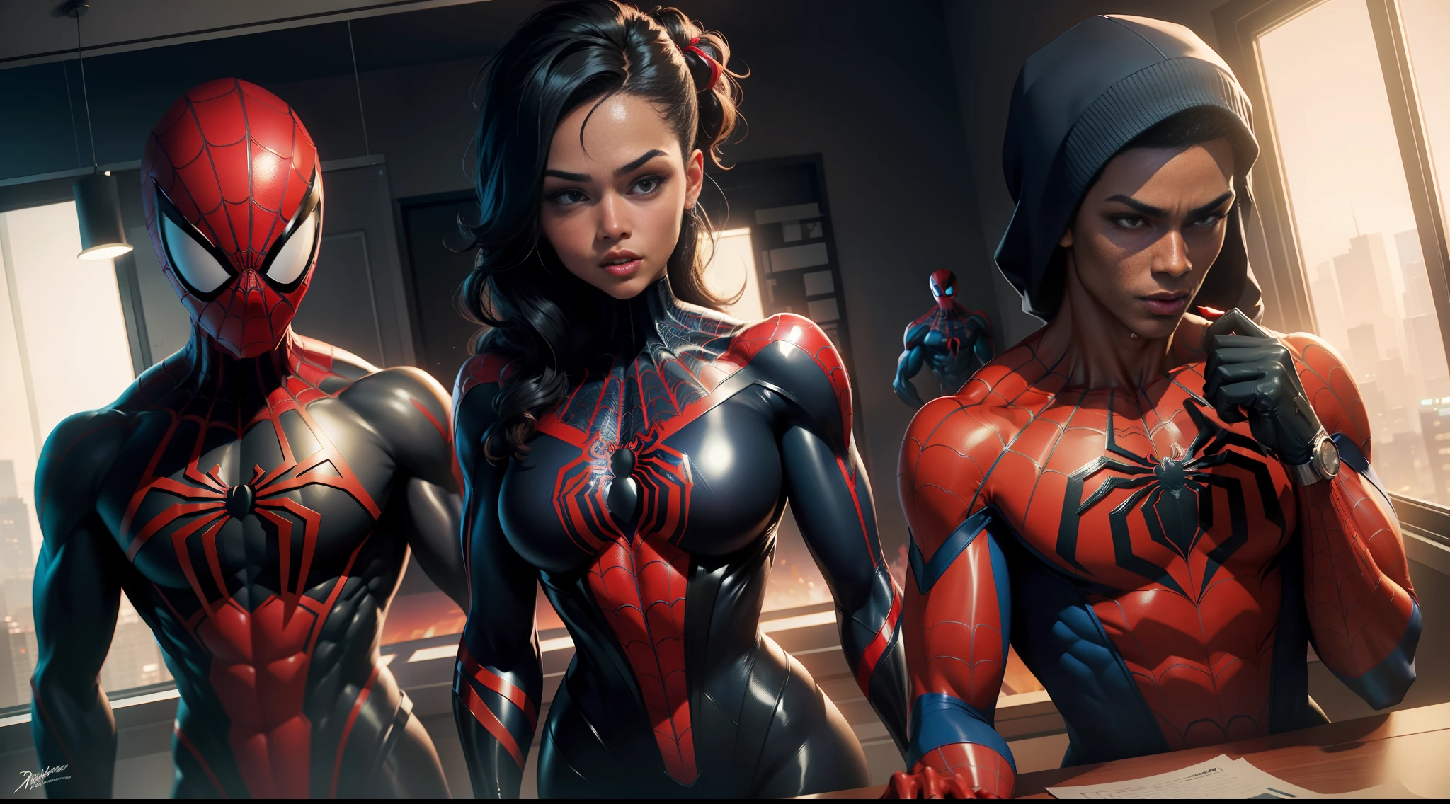 woman spider man bodybuilder - spider - man and spider - man in a dark room, spider - verse art style, into the spiderverse, spiderverse, into the spider verse, futuristic style spiderman, miles morales!!!, 3840 x 2160, 3840x2160, miles morales, hq 4k wallpaper, rendered in sfm, super detailed render