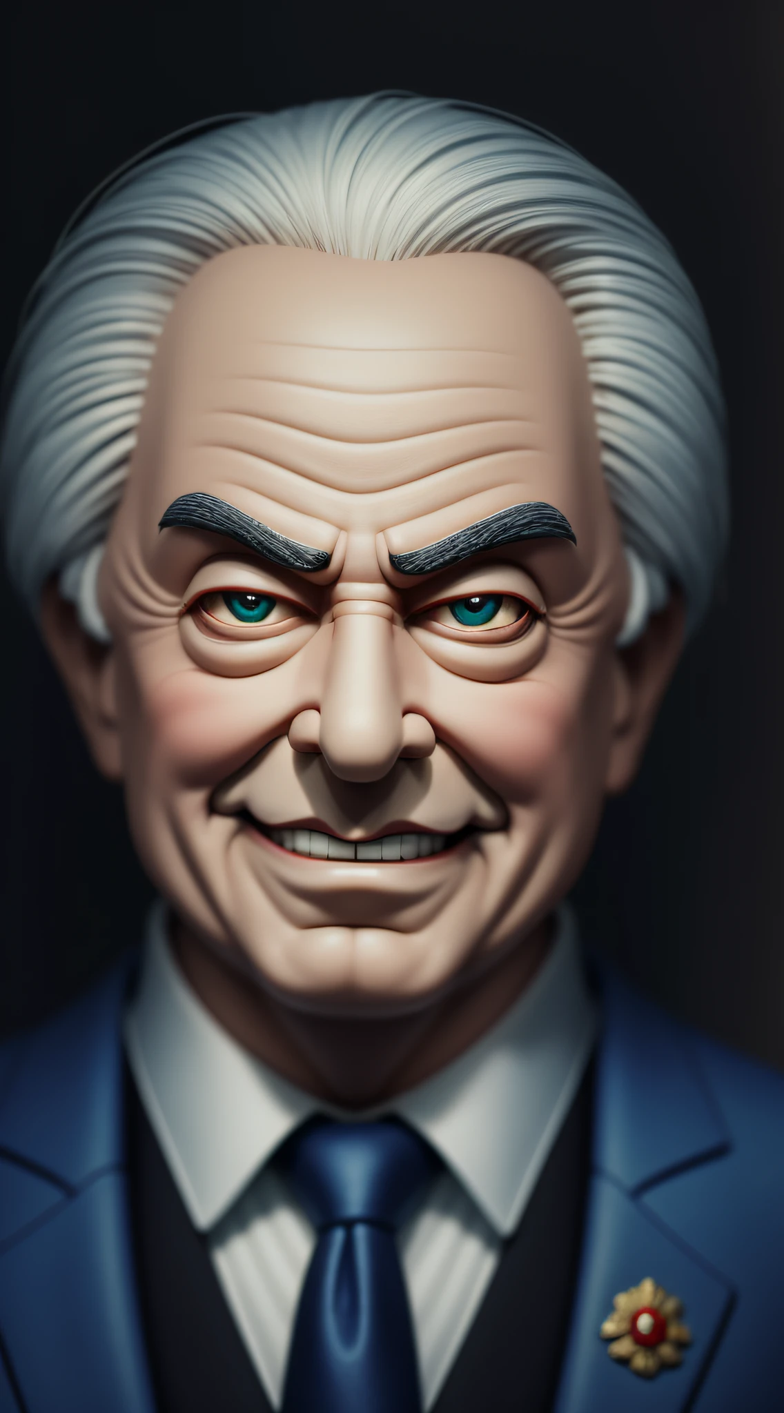 President Michel Temer, short hair, sinister smile, big eyes, looking forward, in suit, toxic smile, scared face, cartoon claymation style