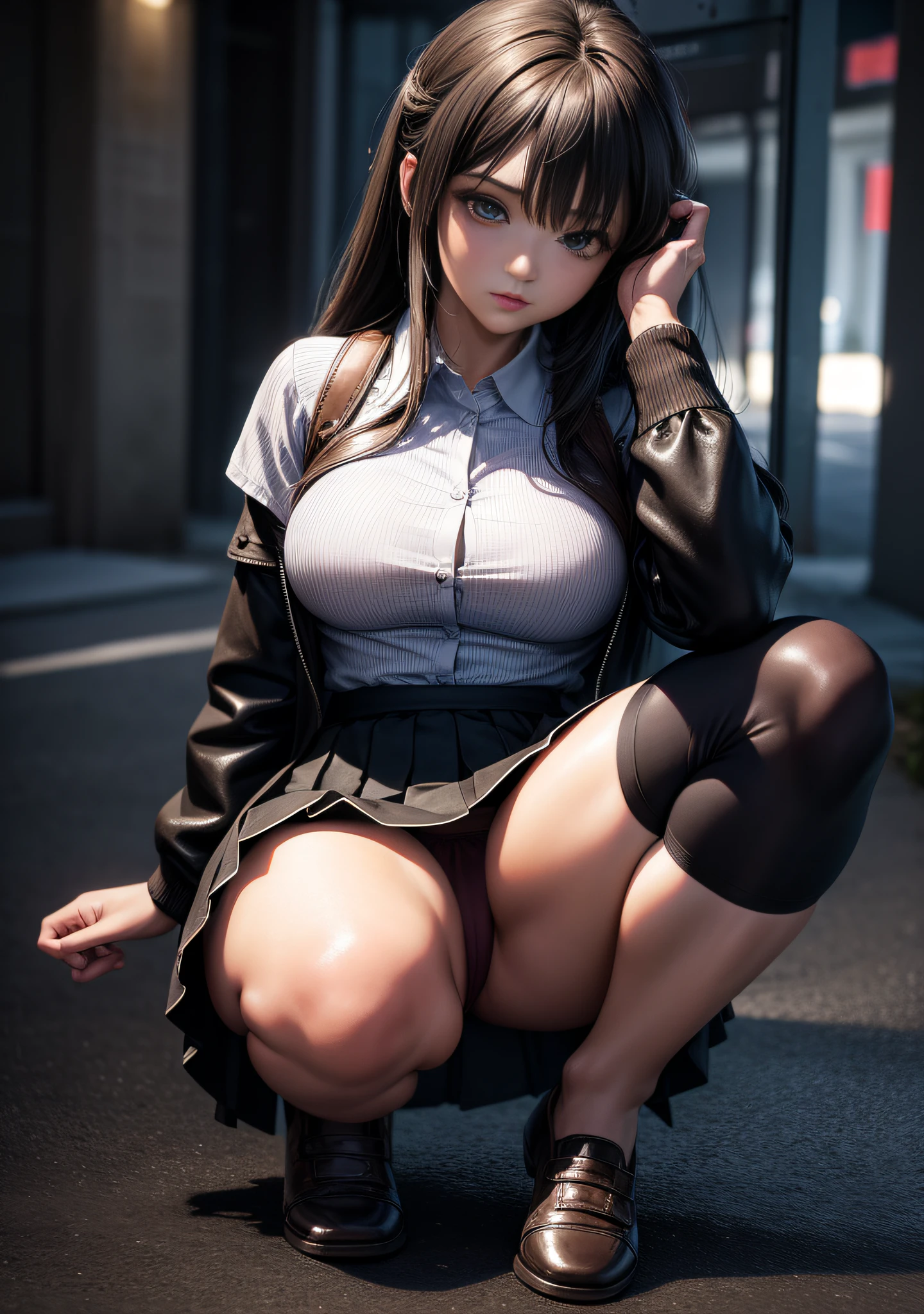 High Resolution, Top Quality, Masterpiece, Ultra High Quality, Ultra Detail, Ultra Realistic, 3D, Anime, Illustration, Fantasy, Solo, ((Beautiful Female Student Short Skirt)), Squatting and Touching Her Hair, (Looking at the camera), (Background Blur))), Brown leather shoes, Bare feet, (Cotton underwear), Large breasts, Front shooting,