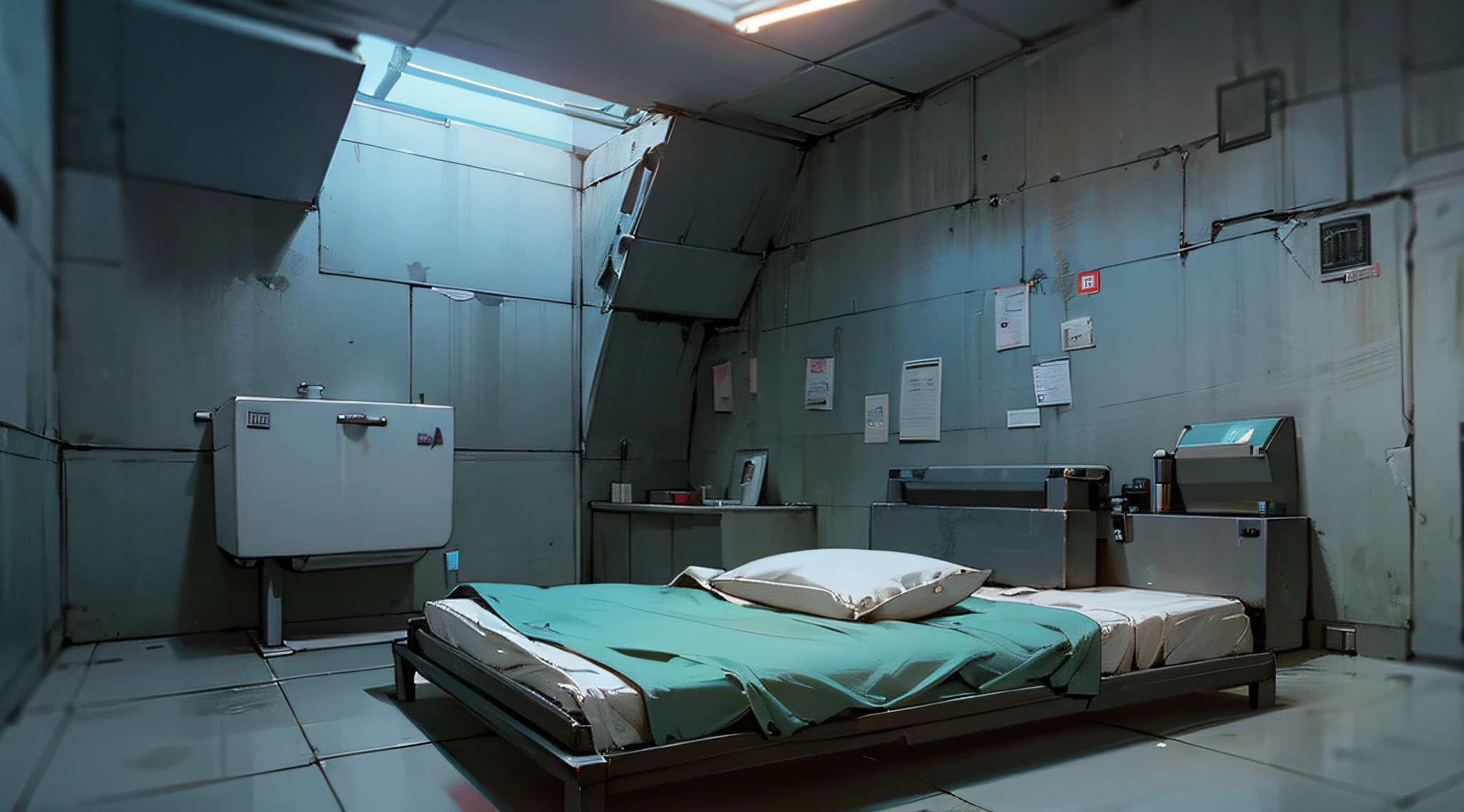 concrete room, closed room, barbell, toilet, simple bed, small window, cyberpunk, high quality, cinematic lighting, 16k, cinematic lighting, sense of depth, depth of field, wide angle, --auto --s2