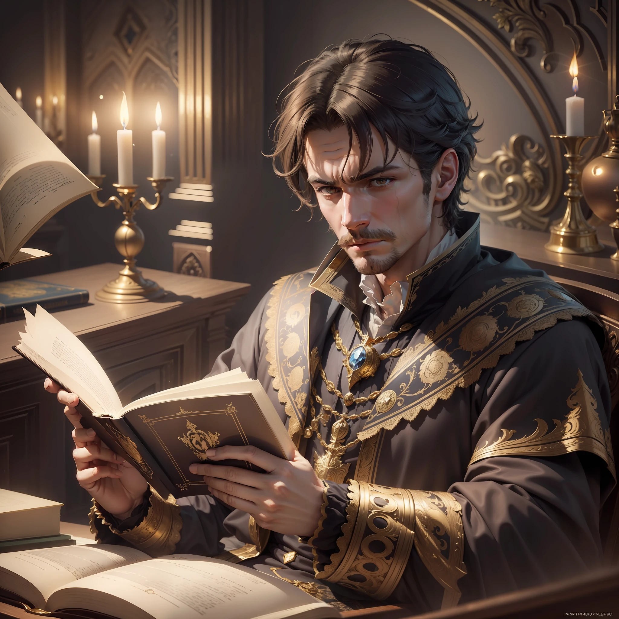 (masterpiece:1.2), ultra-high-definition, beautifully rendered, a desperate king reading a book (um rei desesperado lendo o livro) (1 character), dark room, golden book with intricate details, intense expressions, candlelight shadows, mysterious atmosphere.