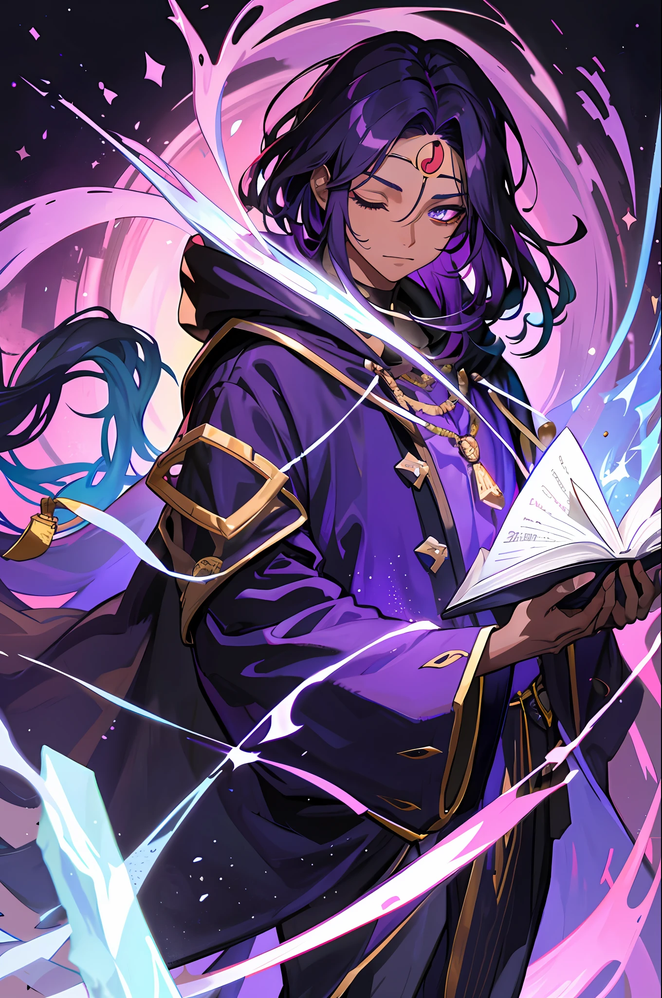 1boy, black skin, long purple hair, he has his eyes closed and is a wizard, has a spell book, has a third eye on his forehead, black magic
