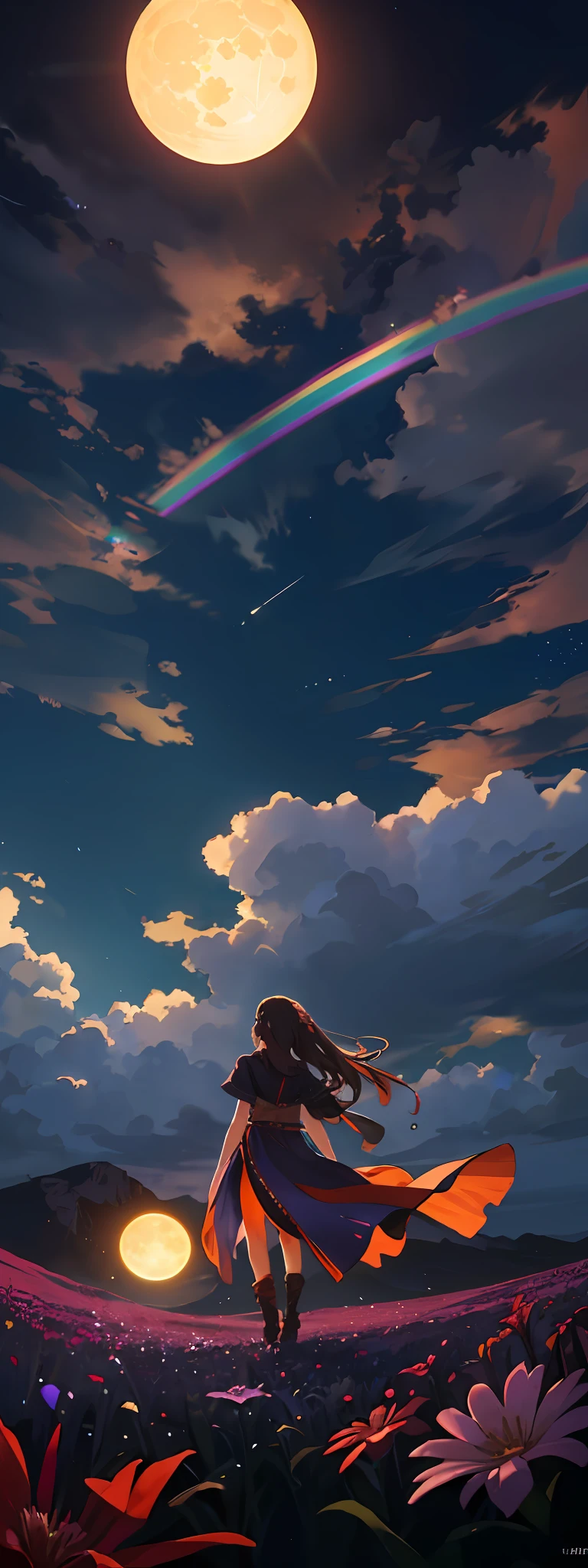 A wide landscape photo, (viewed from below, the sky is above, and the open field is below), a girl standing on a flower field looking up, (full moon: 1.2), (meteor: 0.9), (nebula: 1.3), distant mountains , Trees BREAK Crafting Art, (Warm Light: 1.2), (Firefly: 1.2), Lights, Lots of Purple and Orange, Intricate Details, Volumetric Lighting BREAK (Masterpiece: 1.2), (Best Quality), 4k, Ultra Detailed, (Dynamic Composition: 1.4), Rich in Detail and Color, (Rainbow Color: 1.2), (Glow, Atmospheric Lighting), Dreamy, Magical, (Solo: 1.2)