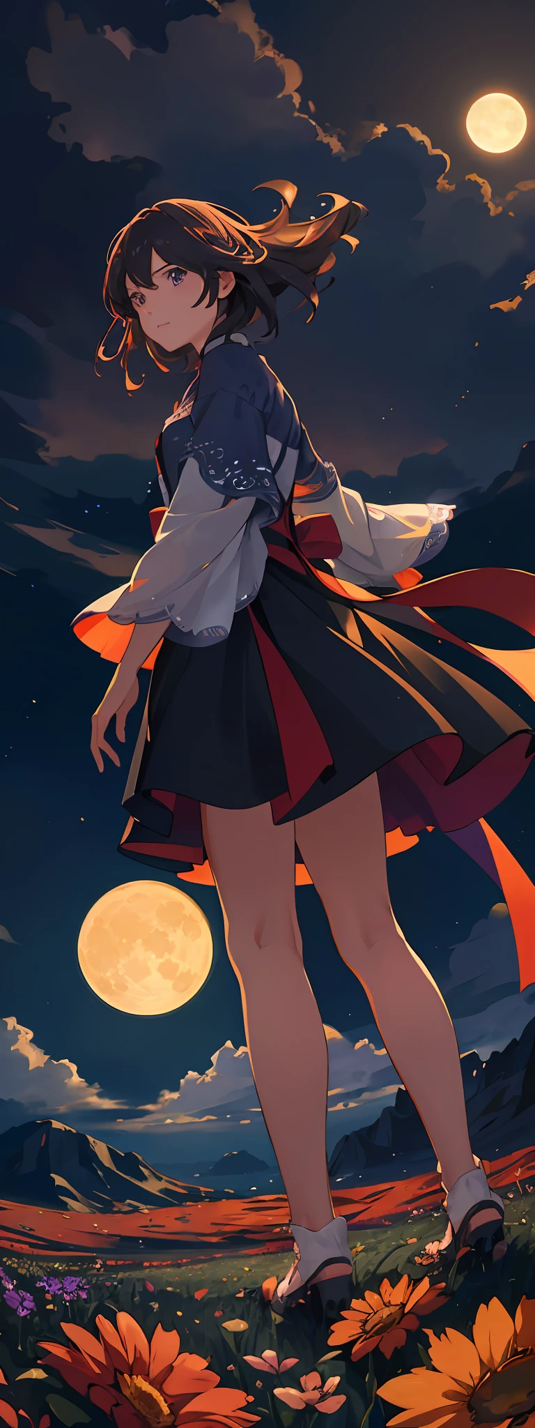 A wide landscape photo, (viewed from below, the sky is above, and the open field is below), a girl standing on a flower field looking up, (full moon: 1.2), (meteor: 0.9), (nebula: 1.3), distant mountains , Trees BREAK Crafting Art, (Warm Light: 1.2), (Firefly: 1.2), Lights, Lots of Purple and Orange, Intricate Details, Volumetric Lighting BREAK (Masterpiece: 1.2), (Best Quality), 4k, Ultra Detailed, (Dynamic Composition: 1.4), Rich in Detail and Color, (Rainbow Color: 1.2), (Glow, Atmospheric Lighting), Dreamy, Magical, (Solo: 1.2)