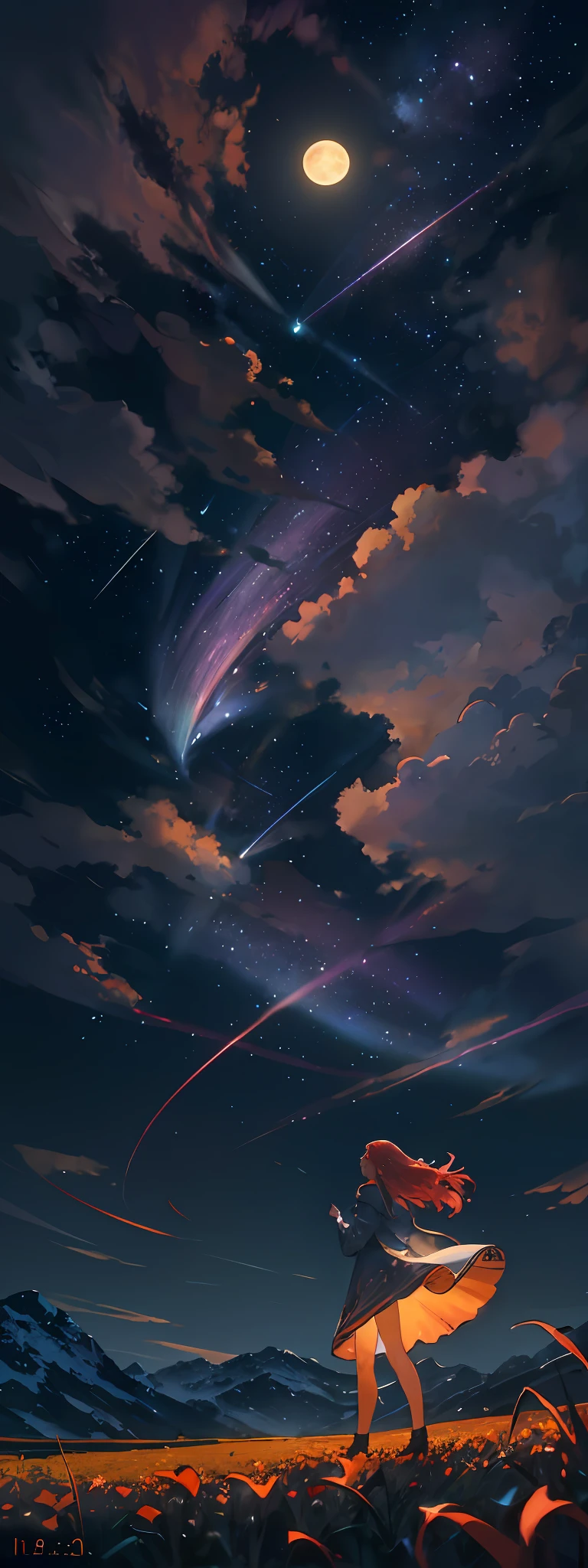 A wide landscape photo, (viewed from below, the sky is above, and the open field is below), a girl standing on a flower field looking up, (full moon: 1.2), (meteor: 0.9), (nebula: 1.3), distant mountains , Trees BREAK Crafting Art, (Warm Light: 1.2), (Firefly: 1.2), Lights, Lots of Purple and Orange, Intricate Details, Volumetric Lighting BREAK (Masterpiece: 1.2), (Best Quality), 4k, Ultra Detailed, (Dynamic Composition: 1.4), Rich in Detail and Color, (Rainbow Color: 1.2), (Glow, Atmospheric Lighting), Dreamy, Magical, (Solo: 1.2)