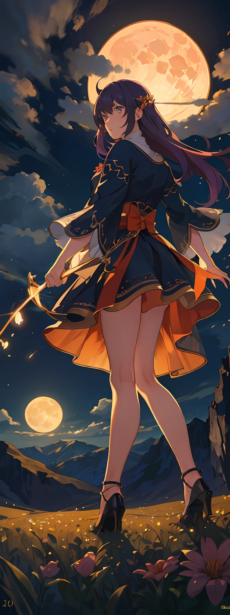 A wide landscape photo, (viewed from below, the sky is above, and the open field is below), a girl standing on a flower field looking up, (full moon: 1.2), (meteor: 0.9), (nebula: 1.3), distant mountains , Trees BREAK Crafting Art, (Warm Light: 1.2), (Firefly: 1.2), Lights, Lots of Purple and Orange, Intricate Details, Volumetric Lighting BREAK (Masterpiece: 1.2), (Best Quality), 4k, Ultra Detailed, (Dynamic Composition: 1.4), Rich in Detail and Color, (Rainbow Color: 1.2), (Glow, Atmospheric Lighting), Dreamy, Magical, (Solo: 1.2)
