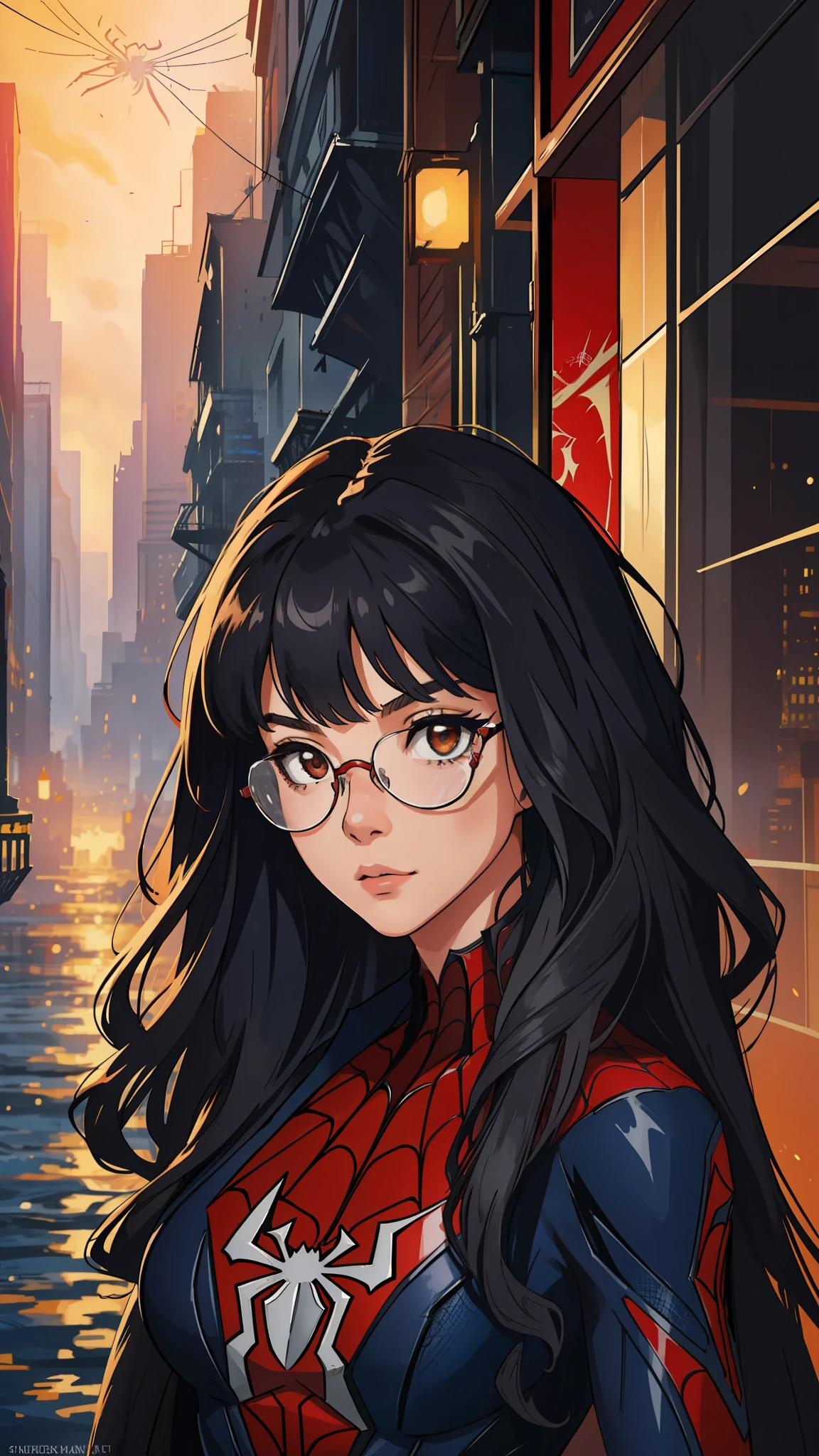 (masterpiece, best quality), intricate details, 8k, artstation, wallpaper, official art, splash art, sharp focus,
girl, long curly hair, bangs, glasses
spider suit, spider web printing, spider web
skyscrapers, spiderman marvel