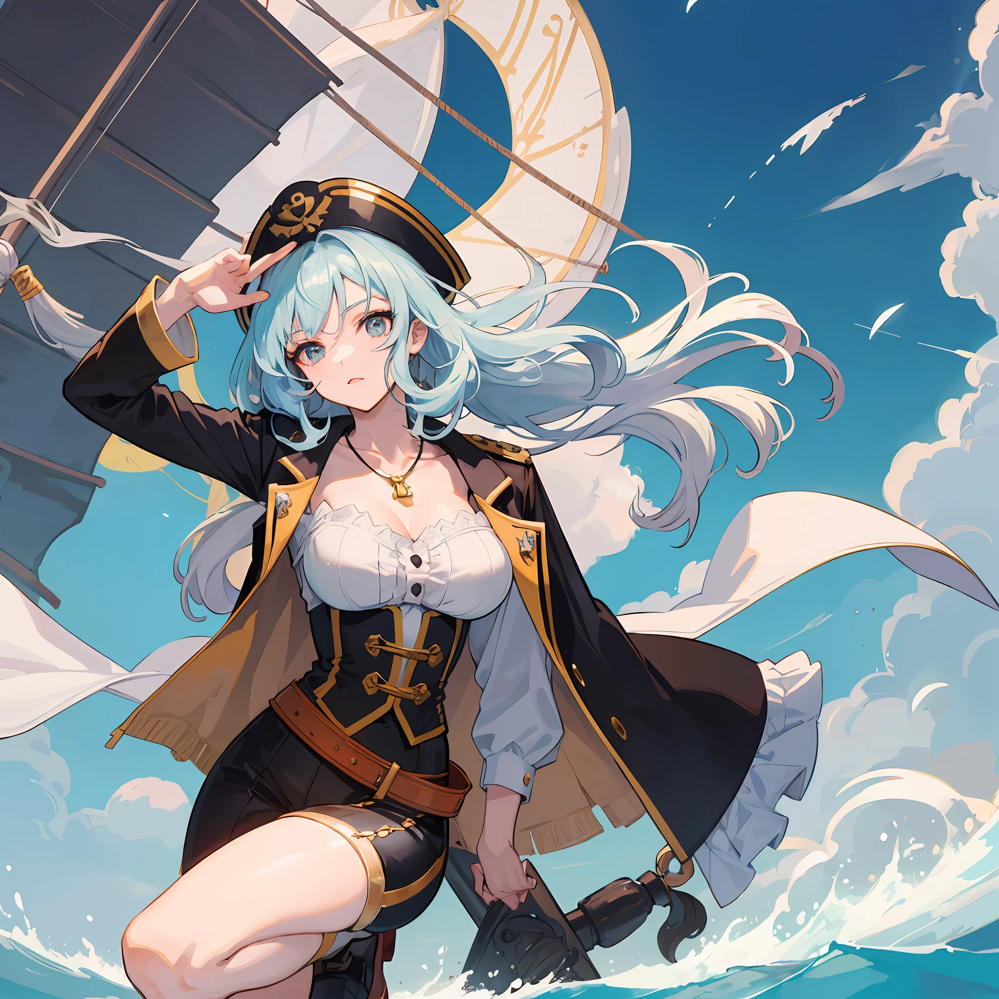 Create a picture of an anime 21 year old female with long, wavy light blue hair. She has a tough and adventurous personality, as if she were a ship captain. The clothing she wears depicts the style of a pirate, with distinctive touches and striking details. Perhaps she wears a hat with feathers, a captain's jacket with collar and ropes, and comfortable yet stylish pants. Include accessories such as belt ropes, a necklace, or appropriate jewelry that fits the theme and no hat. Her facial expression can reflect bravery and determination. Give her a pose that showcases strength and leadership. Show the spirit of adventure and a free-spirited nature in the picture you create.