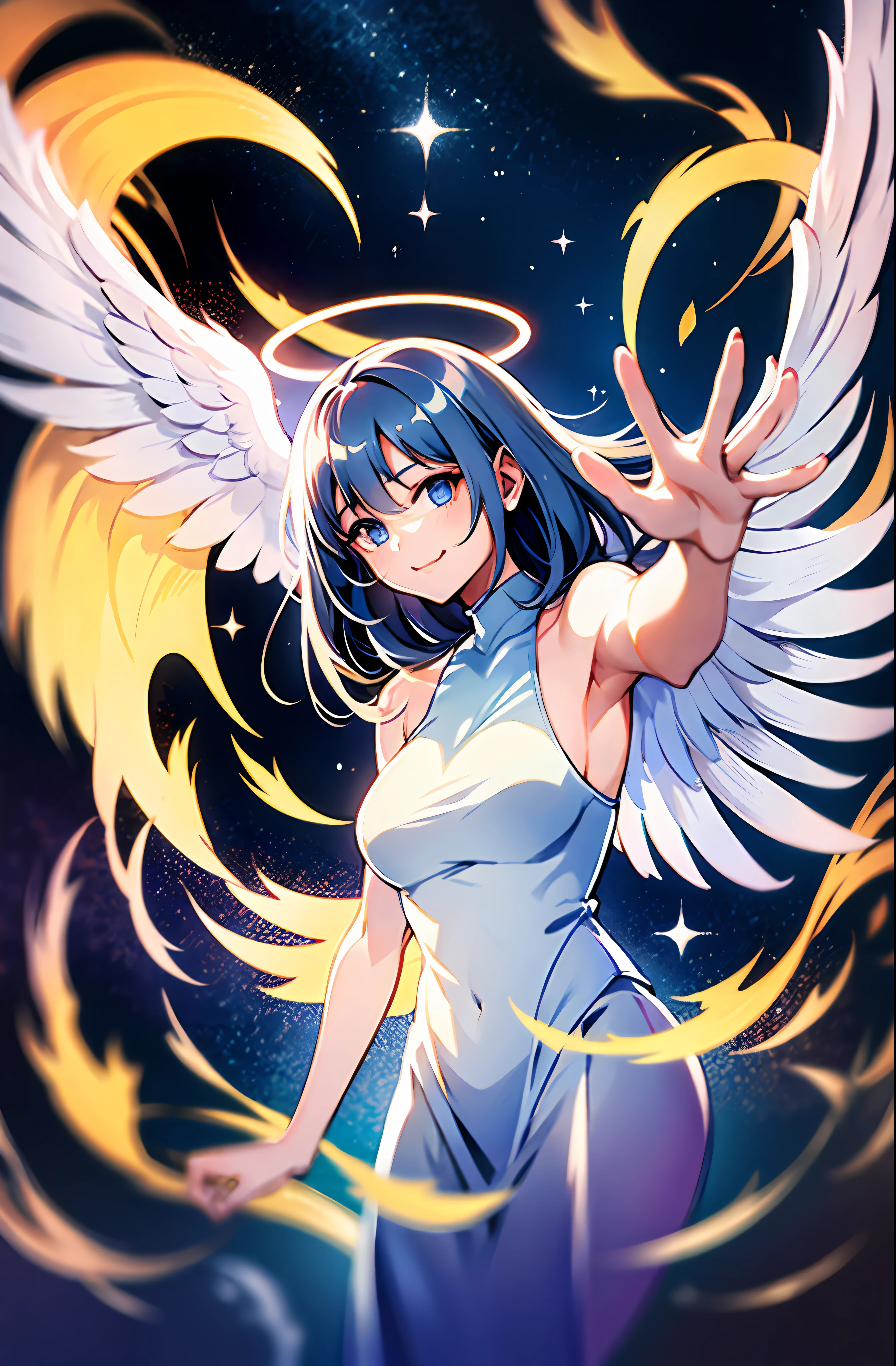 Angel anime girl, with halo, white wings, beautiful