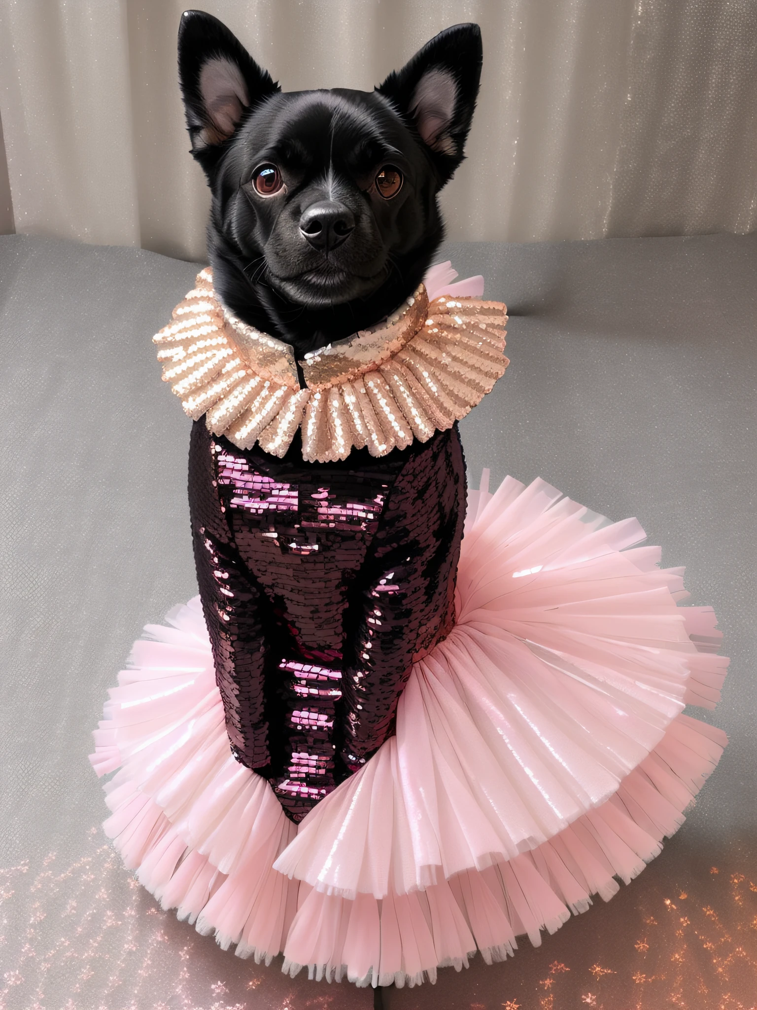 (((A glamorous and dimly lit dog wearing a ancient :1.5))), (((tattered appearance and sequined pink tutu :1.5))) and a diamond-studded collar stands tall and resolute, positioned protectively in front of the cat, rabbit, and parrot, their gaze filled with trust and appreciation, Sculpture, crafted with a combination of sturdy and polished materials, symbolizing the dog's strength and protective nature, --ar 9:16 --v 5