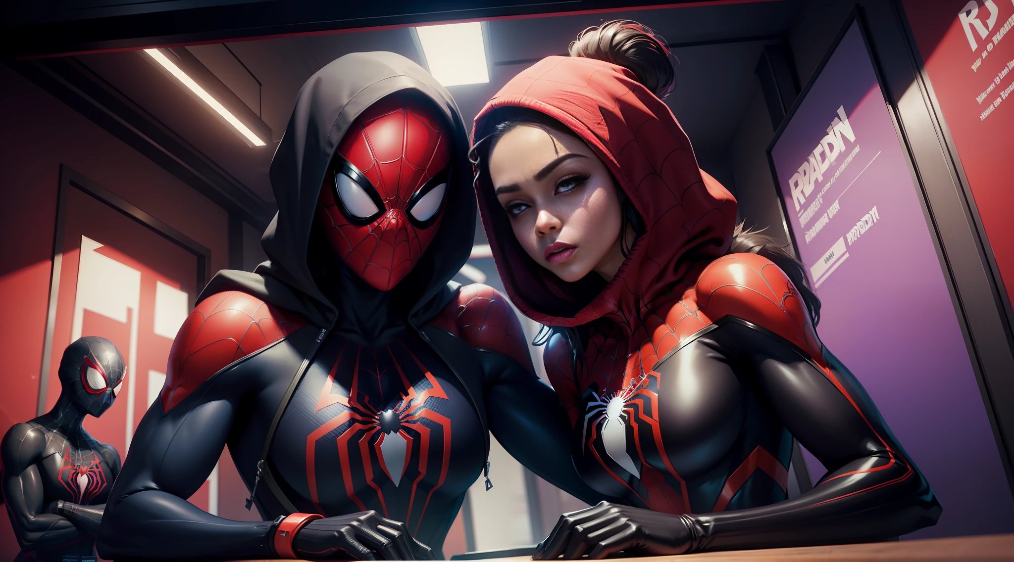 woman spider man bodybuilder - spider - man and spider - man in a dark room, spider - verse art style, into the spiderverse, spiderverse, into the spider verse, futuristic style spiderman, miles morales!!!, 3840 x 2160, 3840x2160, miles morales, hq 4k wallpaper, rendered in sfm, super detailed render