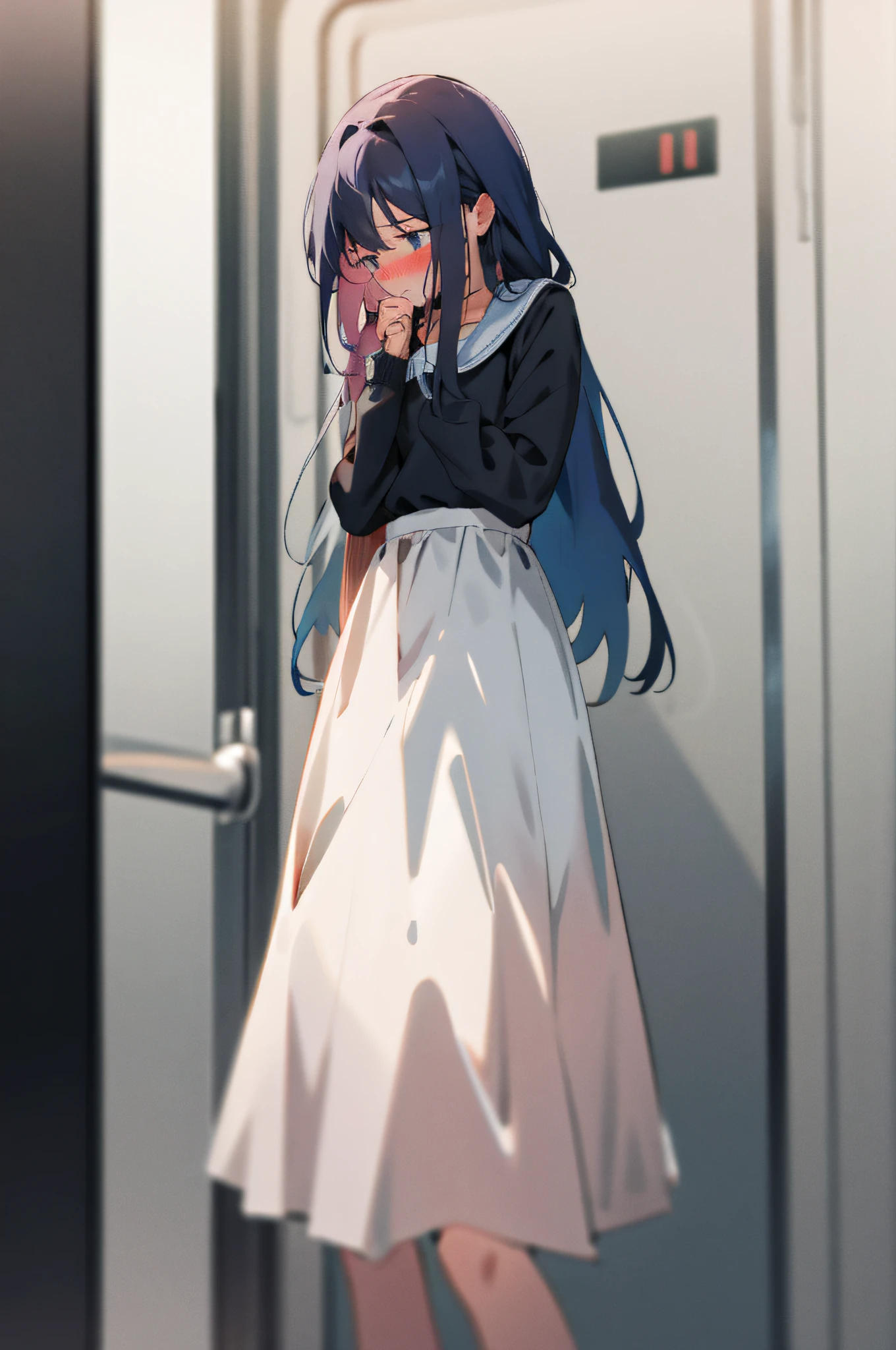 1girl with long hair and dress, 1 girl is taking to lavatory, looking away, standing, embarrassed, blush, Keep one's mouth shut, street (girl is peeing self:0.4)