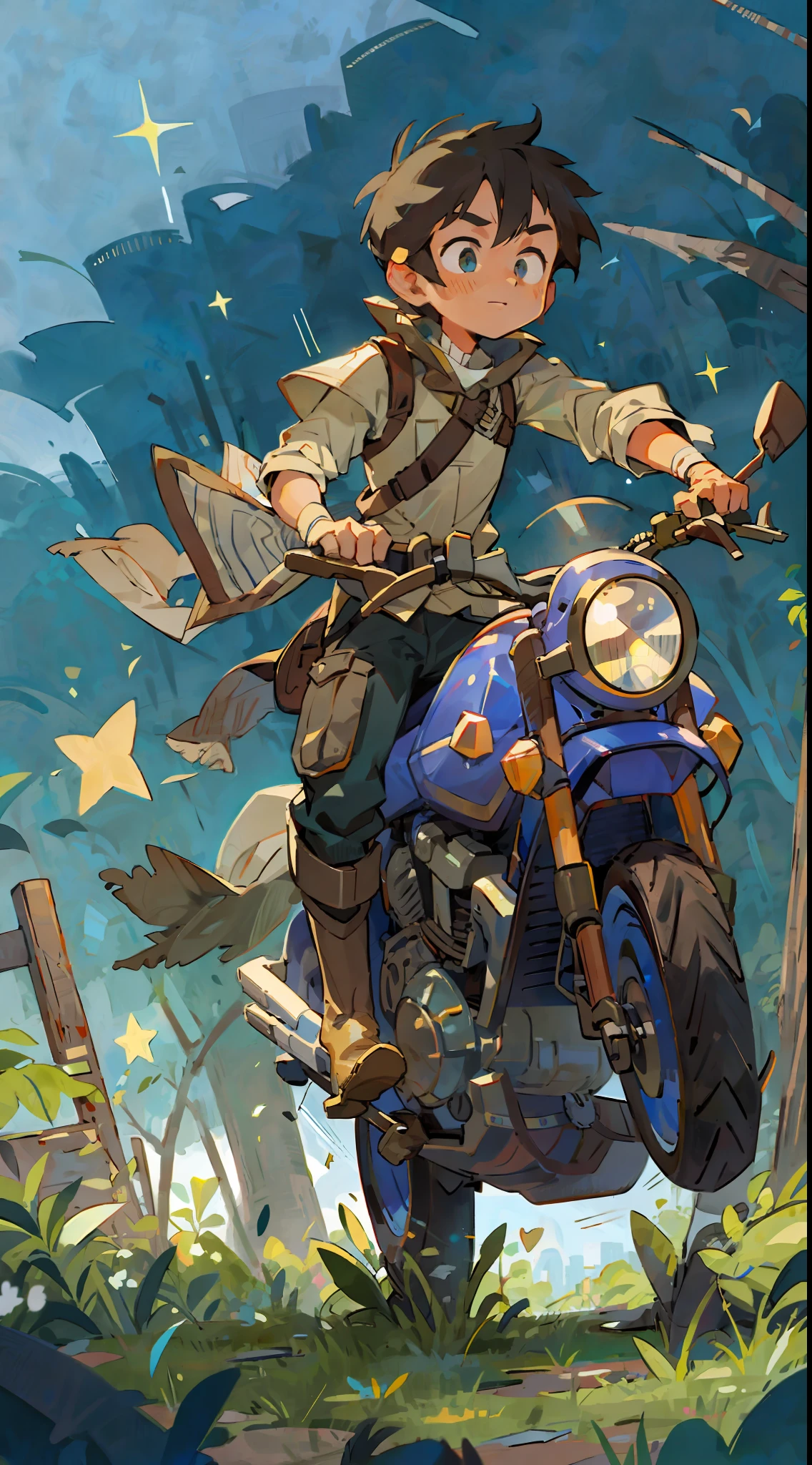 Prairie, a boy, riding a motorcycle, goggles, knight, night, Zelda dressed up, starry