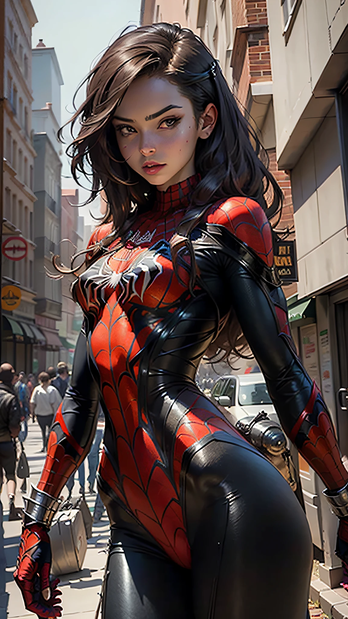 Beautiful woman detailed defined body using spider man cosplay, small breasts