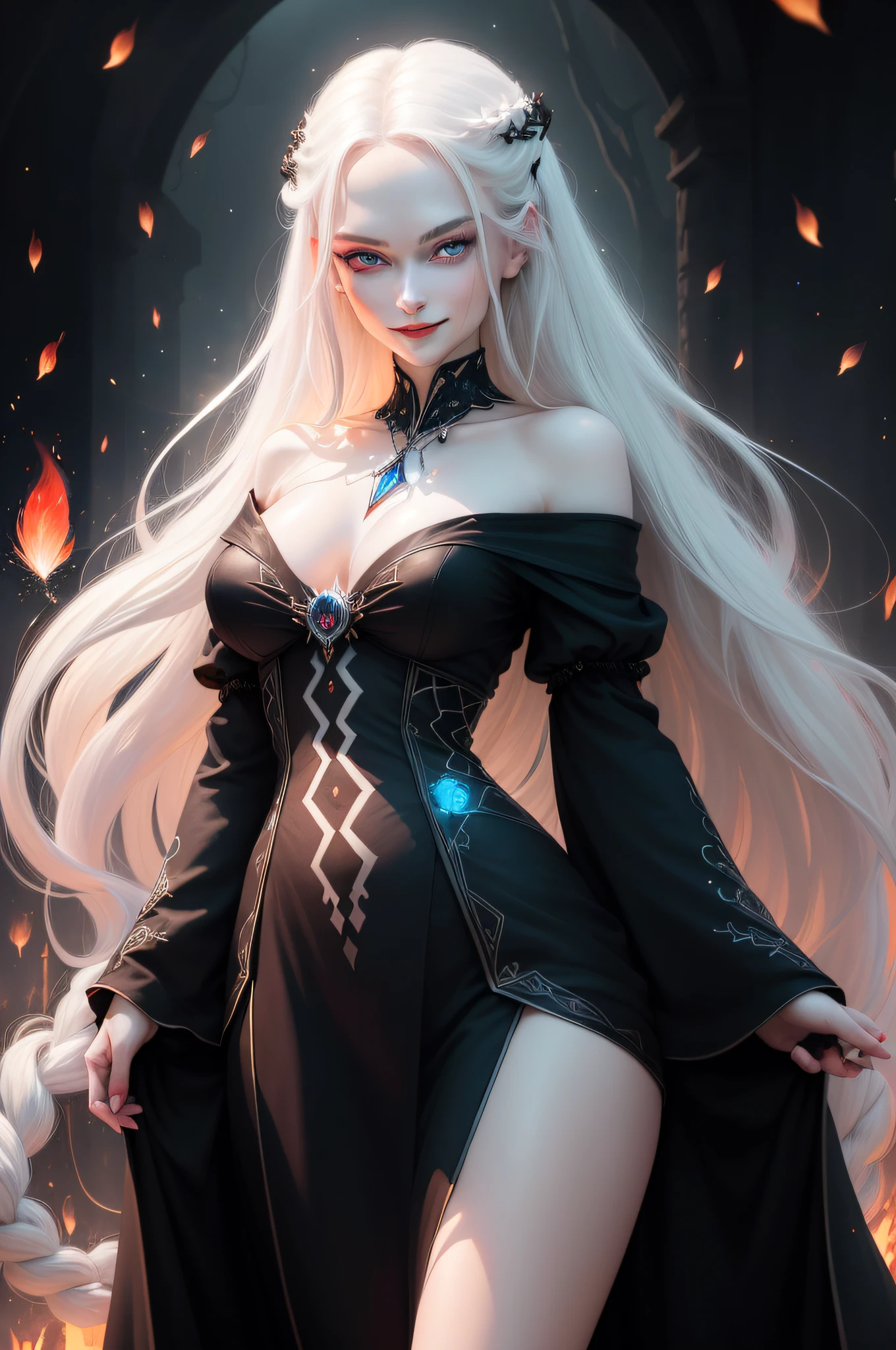 Beautiful and sexy woman with a face of perfect proportions, realistic facial expression, long white hair, red eyes, pale skin, wearing a black tunic with intricate decorations, witch, confident expression (dynamic angle, dazzling blue eyes, delicate necklace, seductive smile) , (magical mystical background, fireflies, bright particles, ethereal mist, faint darkness), high saturation, film light, edge light, best shadow (8k CG unit wallpaper extremely detailed, masterpiece, best quality, super detail), ( sexy and seductive young woman with a deep witch hat decorated with beautiful white braids and a charming red rose), (dynamic vision, dazzling red eyes, long silver hair: 1.3, exquisite collection, charming smile), (background of magic and mystery, firefly lights, bright particles, ethereal mist and a shadow of darkness and darkness, night), high saturation.