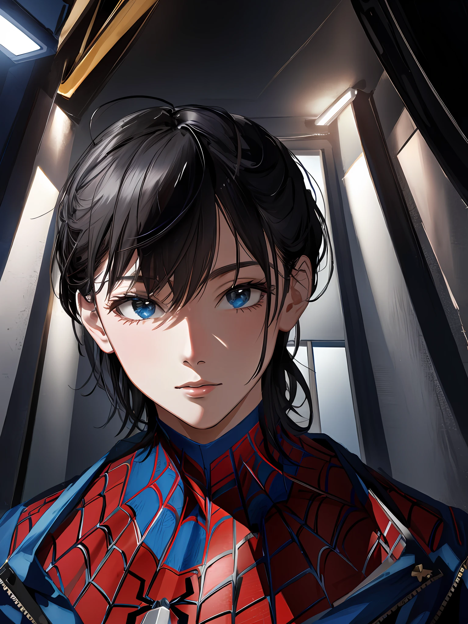 masterpiece, high quality, 8k, beautiful lighting, solo, looking at viewer, tight superhero suit, spider man outfit