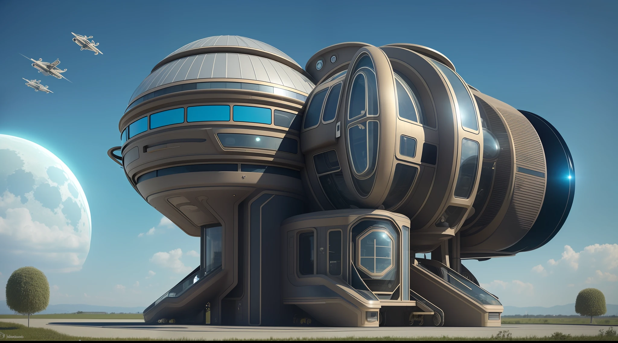 an extremely complex futuristic and advanced steampunk house, a flying vehicle in the garage, sci fi, lots of technology on the walls of the house, Airlock, decoration technology, (Siliconpunk:1) normal small houses next door, blue lawn, 2 sun in the sky, 2 moon in the sky, 200mm lens, high quality, high definition, uhd,