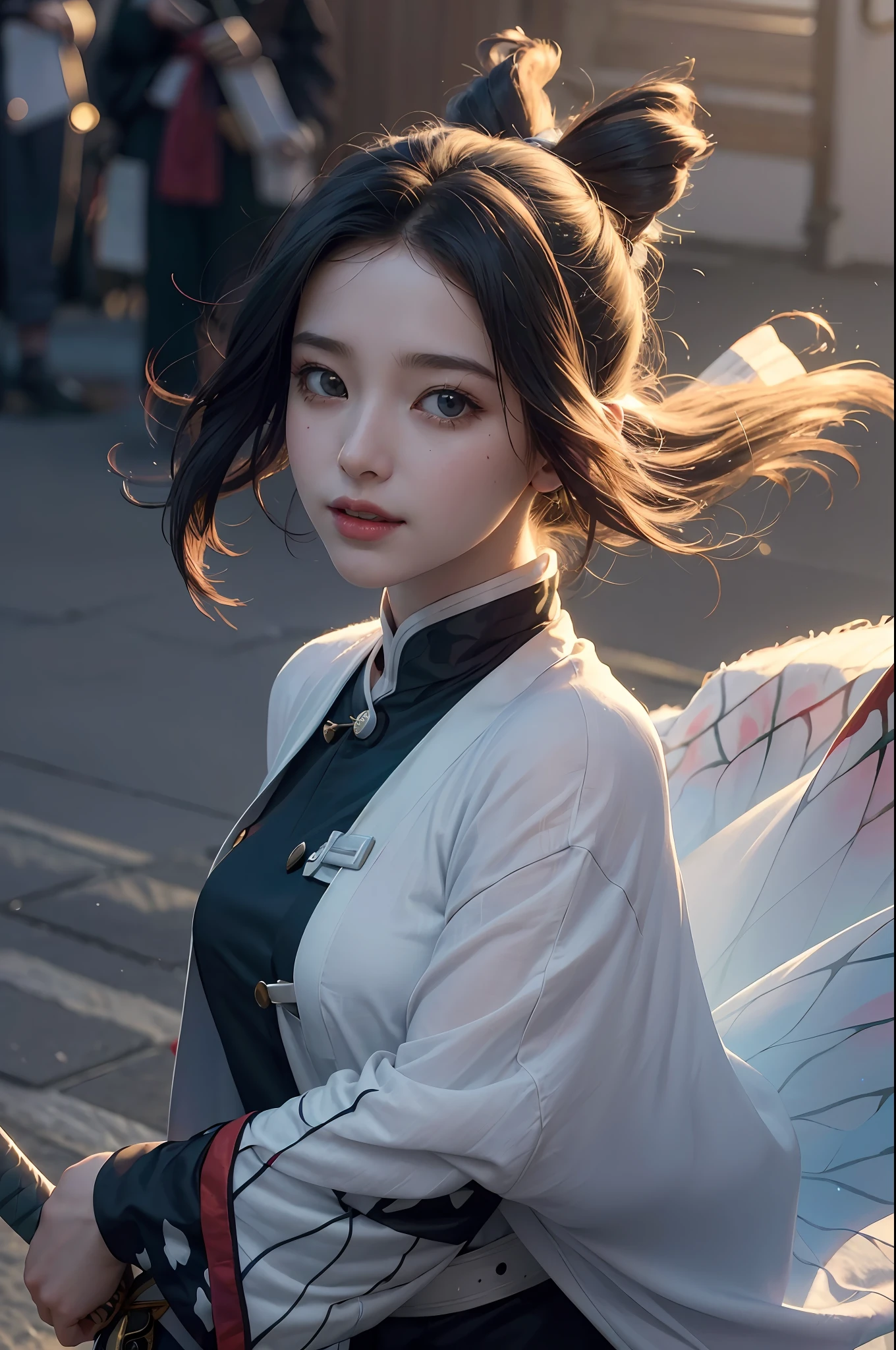 (RAW Photo, Best Quality), (Realistic, Photorealistic True: 1.3), Best Quality, Highly Detailed, Masterpiece, Hyperdetailed, Illustration, 1 Girl, Smile, Butterfly Hair Accessories, Black Hair, White Hanfu, Wield a Swords, upper_body, Dynamic Angle, World Mastery Theatre, Flying Long Hair, Fluores cent Red, Dynamic Fire Inbackground, Best Quality, Extremely detailed CG unified 8k wallpapers, ink, amazing, movie lights, lens_flare, wuxia_style