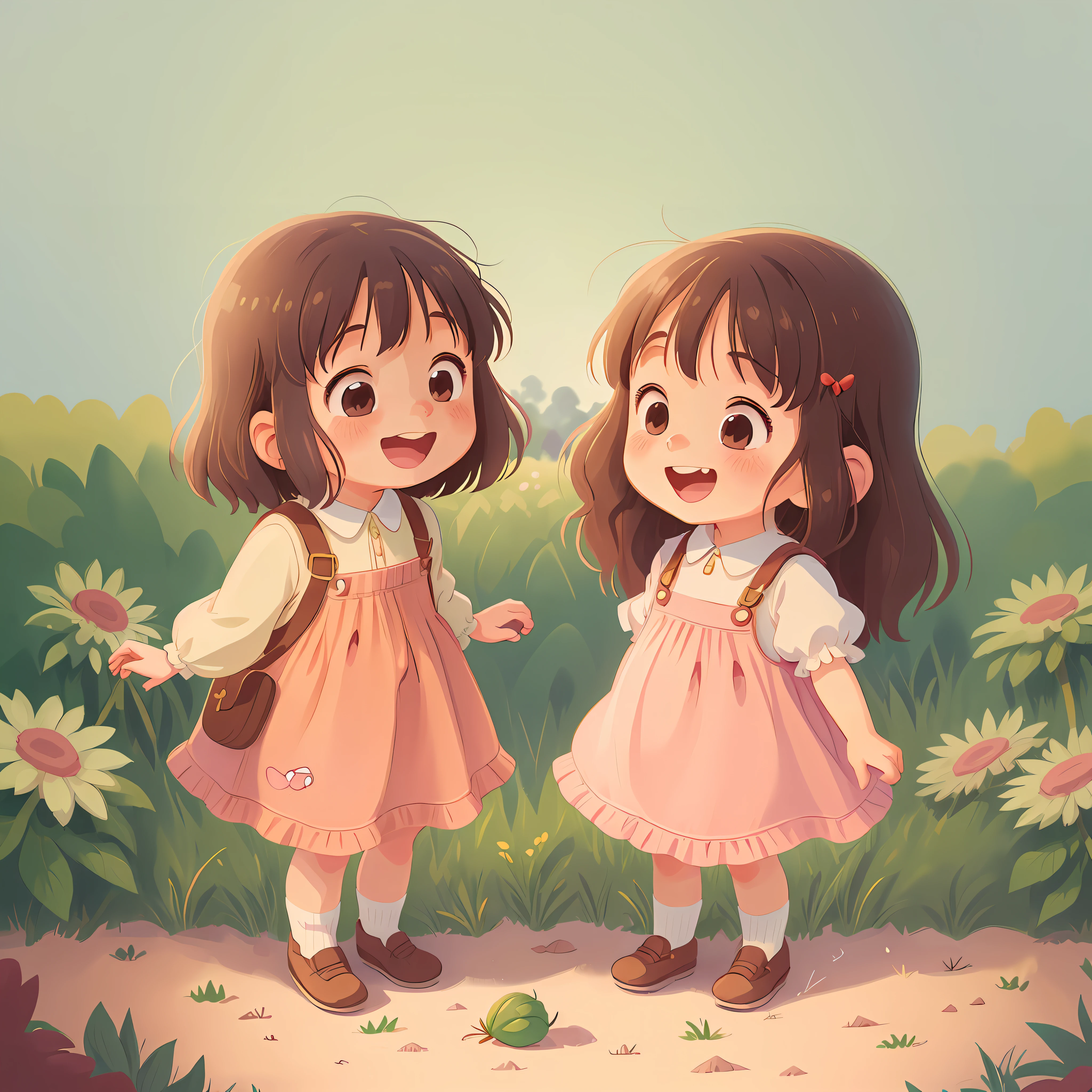 Happy  girl. Bucolic style. Women's children's clothing. Smooth color. Simple art. Ghibli studio style. Strawberry character style.