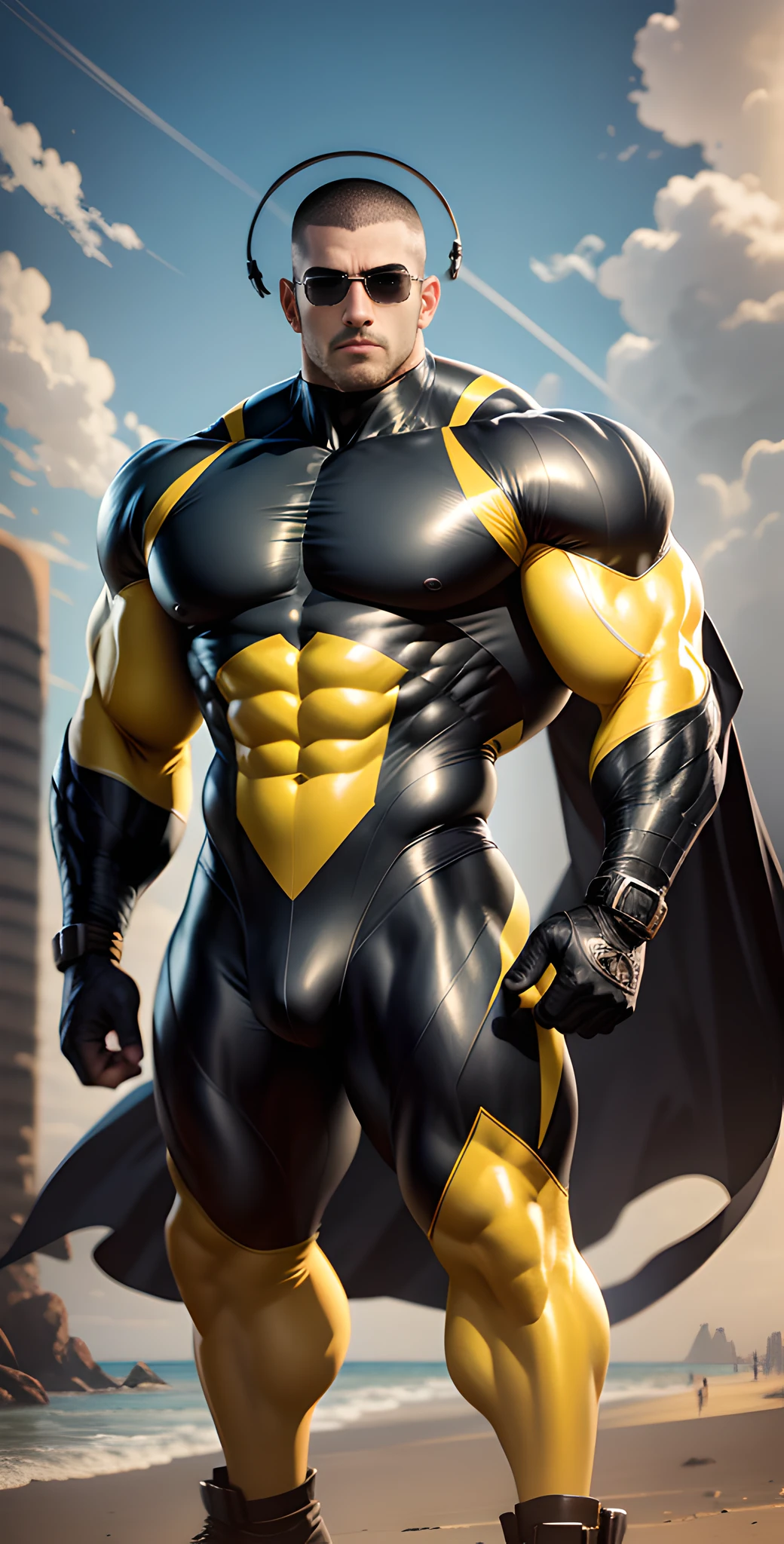 Arad man in yellow and black clothes standing on the sunny seashore, American round head, Buzz Cut, tall and burly, muscular male hero, heroic male pose, muscular! Wearing black sunglasses, spandex tight high elastic bodysuit, symmetrical floral design, super buff and cool, high resolution committee, character design police, black military boots, attractive strong male with spandex tight high elastic bodysuit, weaving hot sunlight on the body