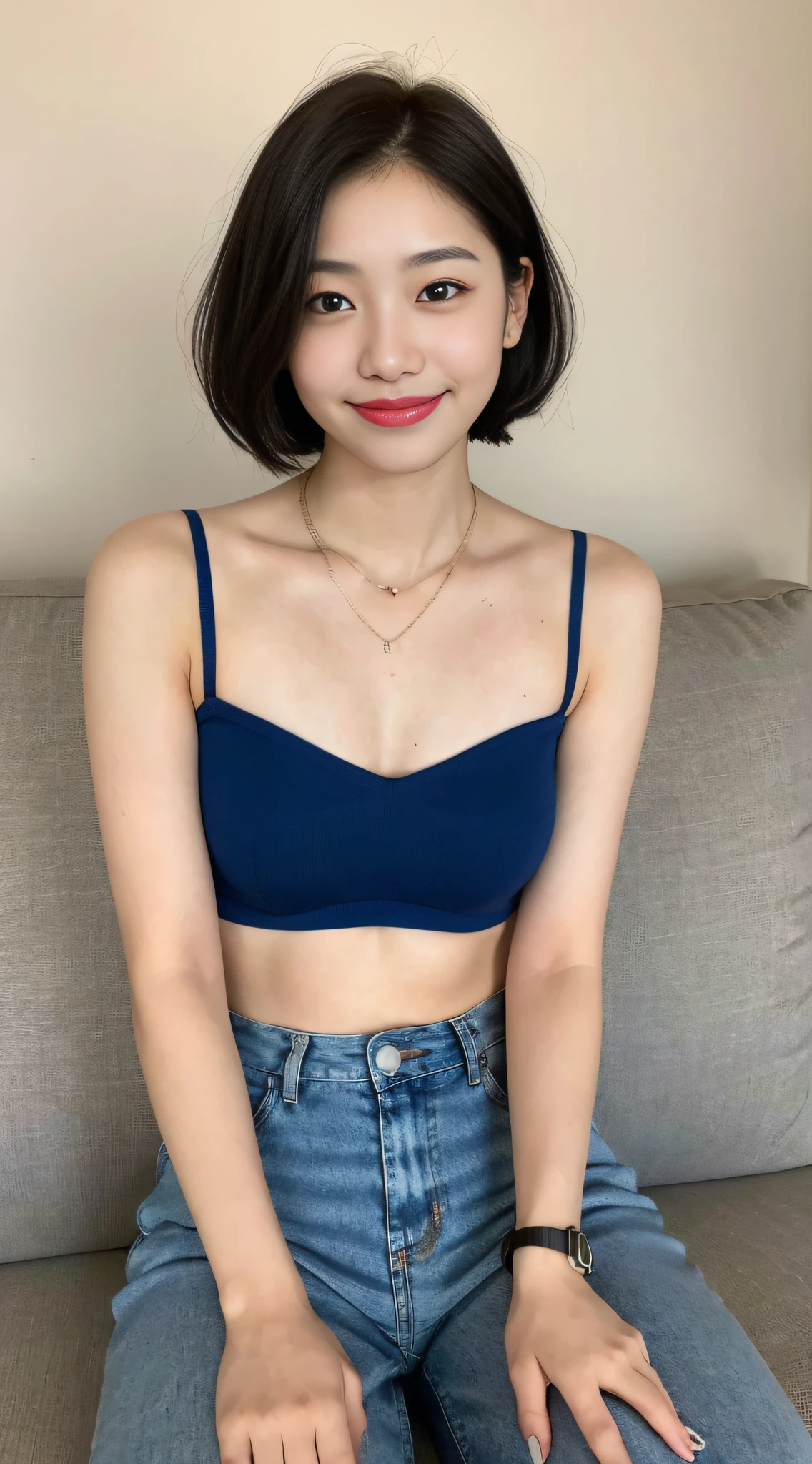 A beautiful Korean girl, Sit sideways on a blue sofa, The corners of his mouth rise into a smile, Lipstick light red on the mouth, Facing the camera, Wear a short bandeau skirt, Delicate short hair: 1.2, Bring necklaces and bracelets, Photograph the upper body, There are pronounced clavicles, The background is a minimalist off-white room, short hair, mole under eye, smile, high detail, Canon, Eye-Level Shot, UHD, retina, super detail, high details, high quality, best quality, 8k