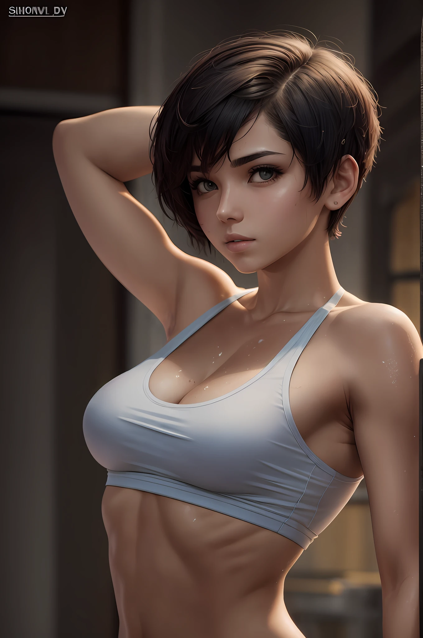 short hair girl, undercut hair, fit body, sweaty, uhd, hdr --auto --s2