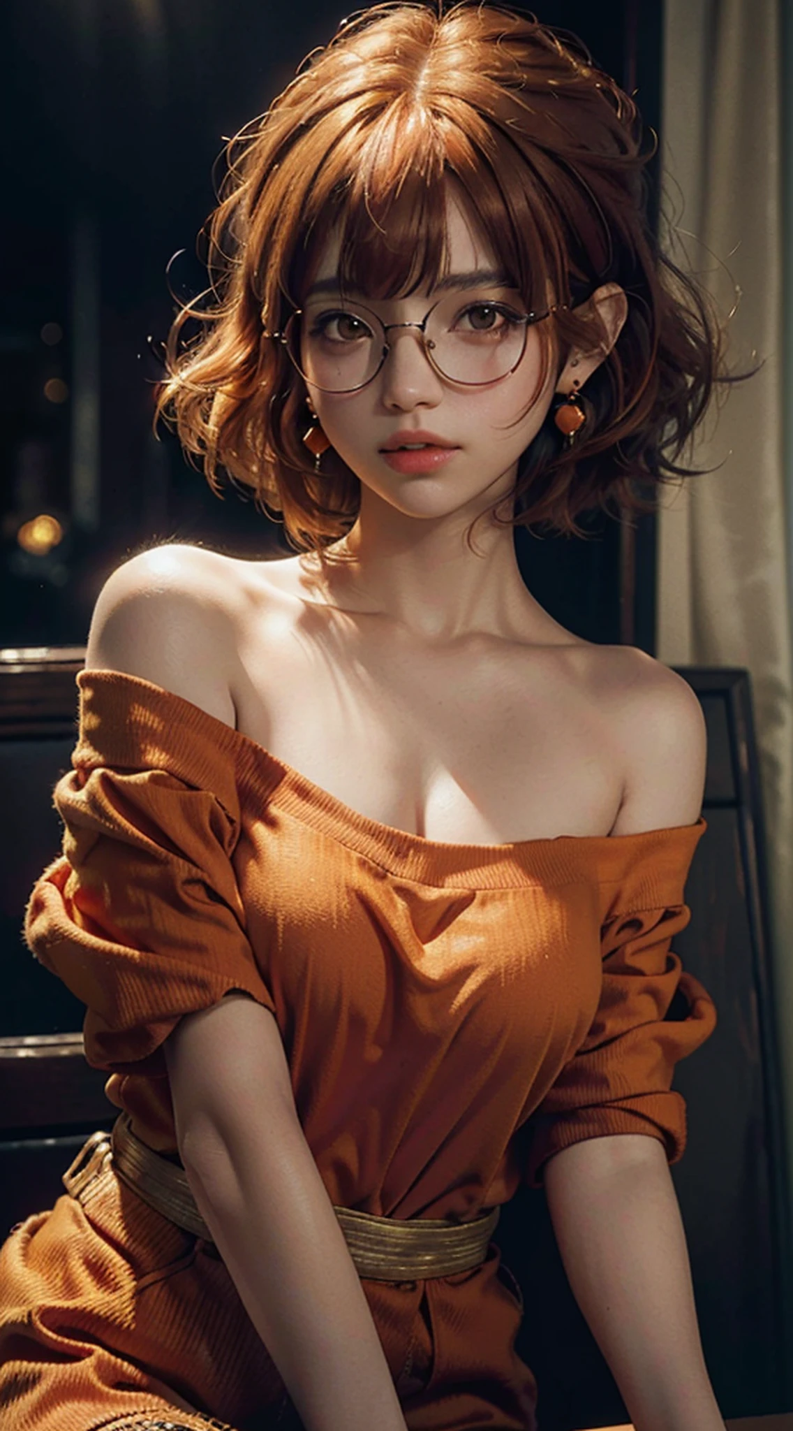Best quality, masterpiece, ultra high resolution, (photorealistic: 1.4), raw photo, 1girl, off the shoulder, cinematic lighting, glasses, earrings in the perfect ears, bangs, (orange hair: 2.6 ), (bob cut: 1.5)