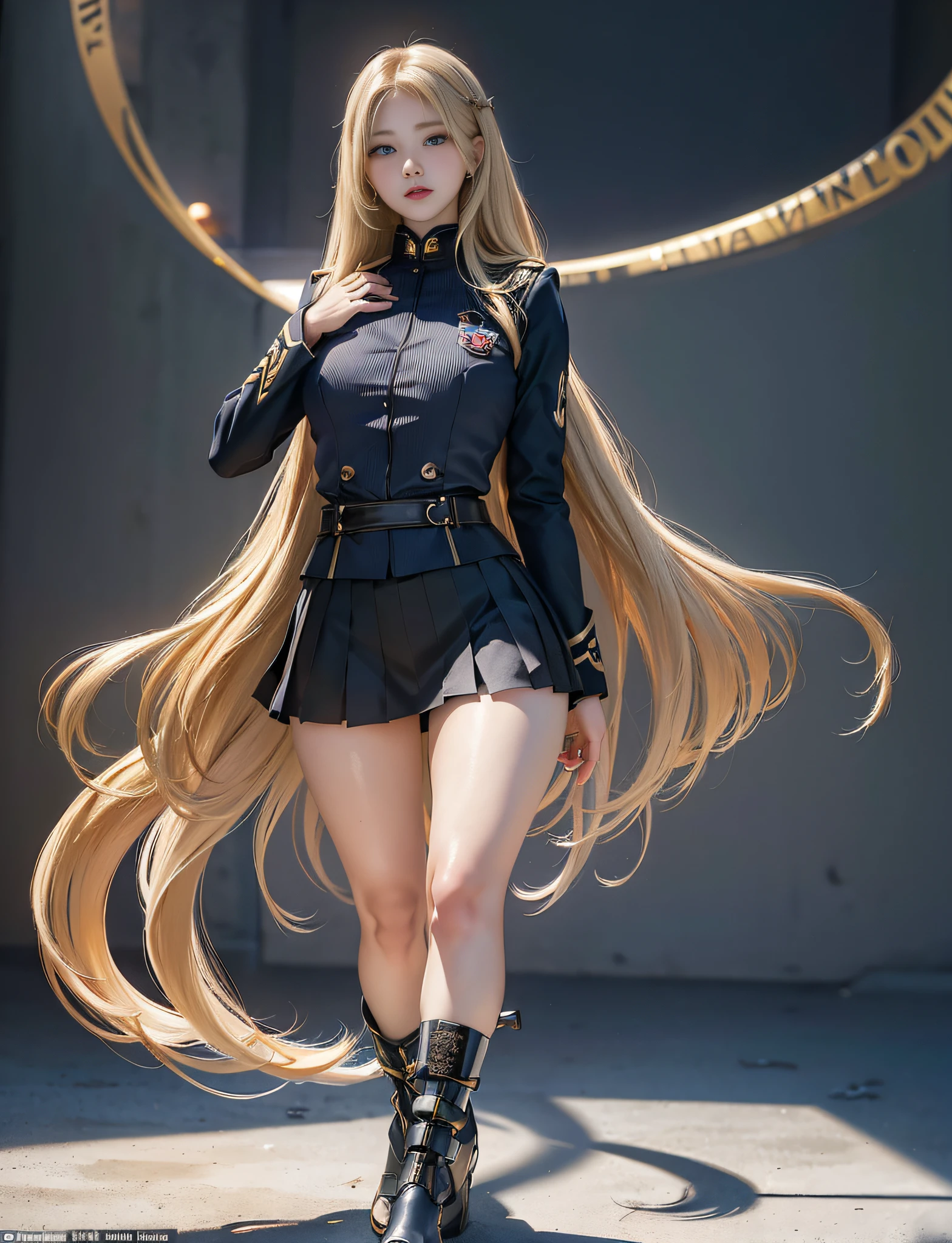 arafed woman in uniform posing with long blonde hair, with long blond hair, blonde anime girl with long hair, from girls frontline, fine details. girls frontline, anime girl cosplay, anime girl with long hair, with very long blonde hair, azur lane style, misa amane, inspired by Li Chevalier, misa amane *, girls frontline style