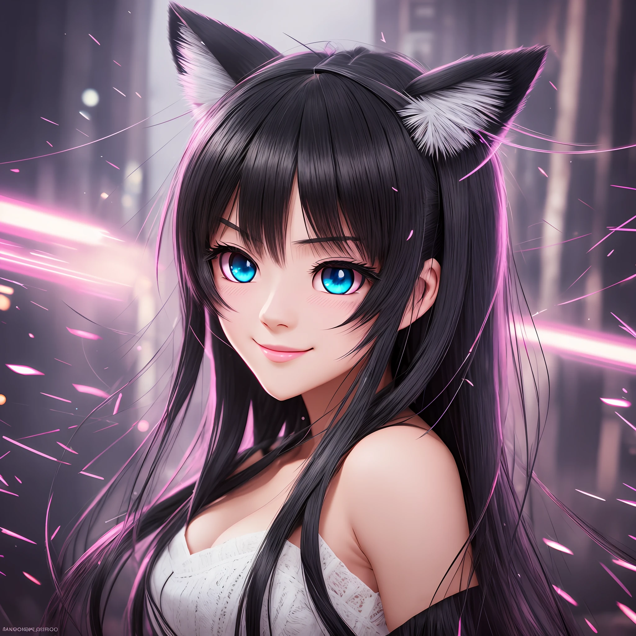 black hair, hair bobbles, wince, longeyelashes, solid circle eyes, fake animal ears, light smile, ear blush, fang, Surrealism, drop shadow, anaglyph, stereogram, tachi-e, pov, atmospheric perspective, 8k, super detail, ccurate, best quality, best quality --auto --s2