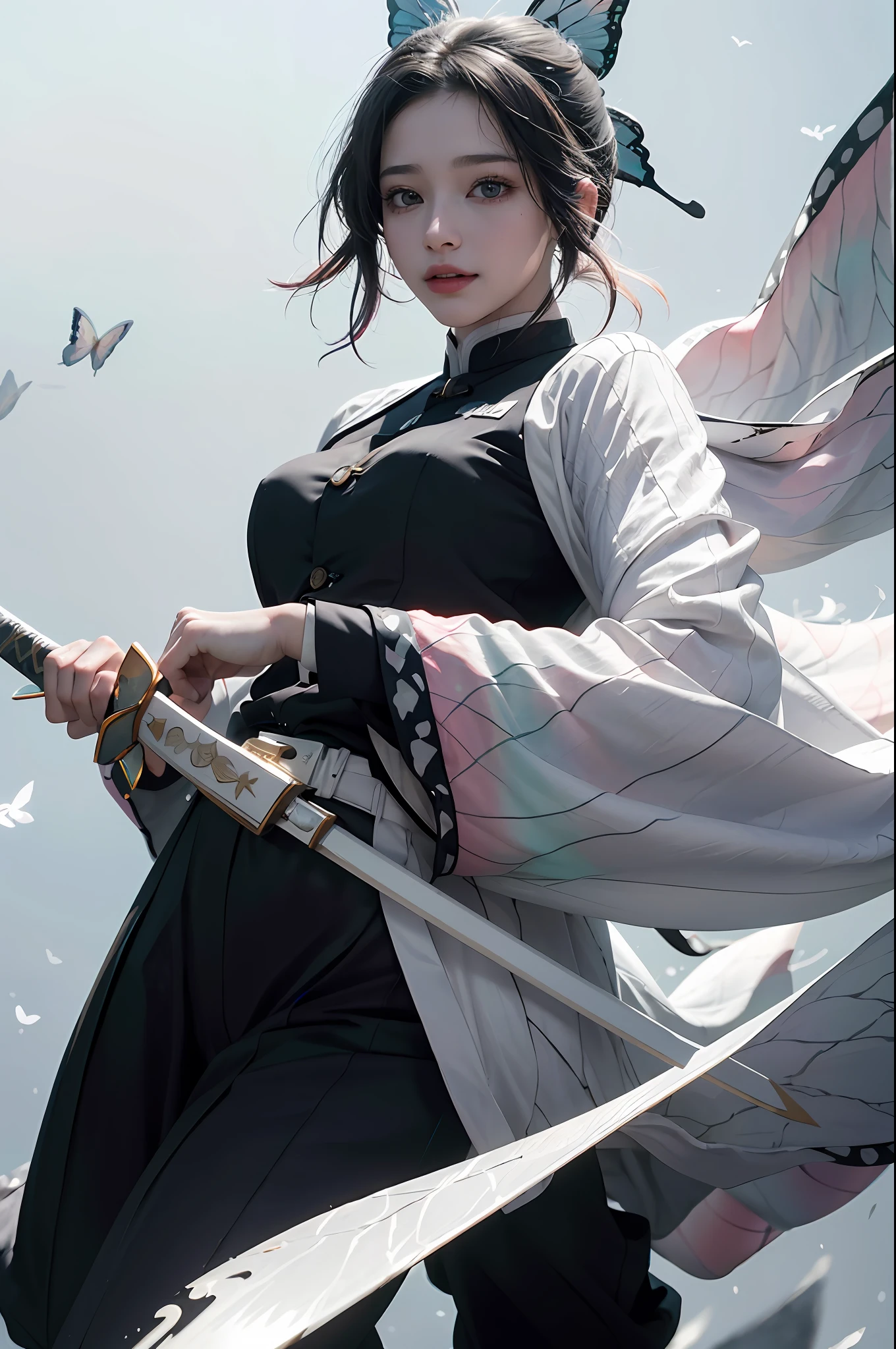 (RAW Photo, Best Quality), (Realistic, Photorealistic True: 1.3), Best Quality, Highly Detailed, Masterpiece, Hyperdetailed, Illustration, 1 Girl, Smile, Butterfly Hair Accessories, Black Hair, White Hanfu, Wield a Swords, upper_body, Dynamic Angle, World Mastery Theatre, Flying Long Hair, Fluores cent Red, Dynamic Fire Inbackground, Best Quality, Extremely detailed CG unified 8k wallpapers, ink, amazing, movie lights, lens_flare, wuxia_style