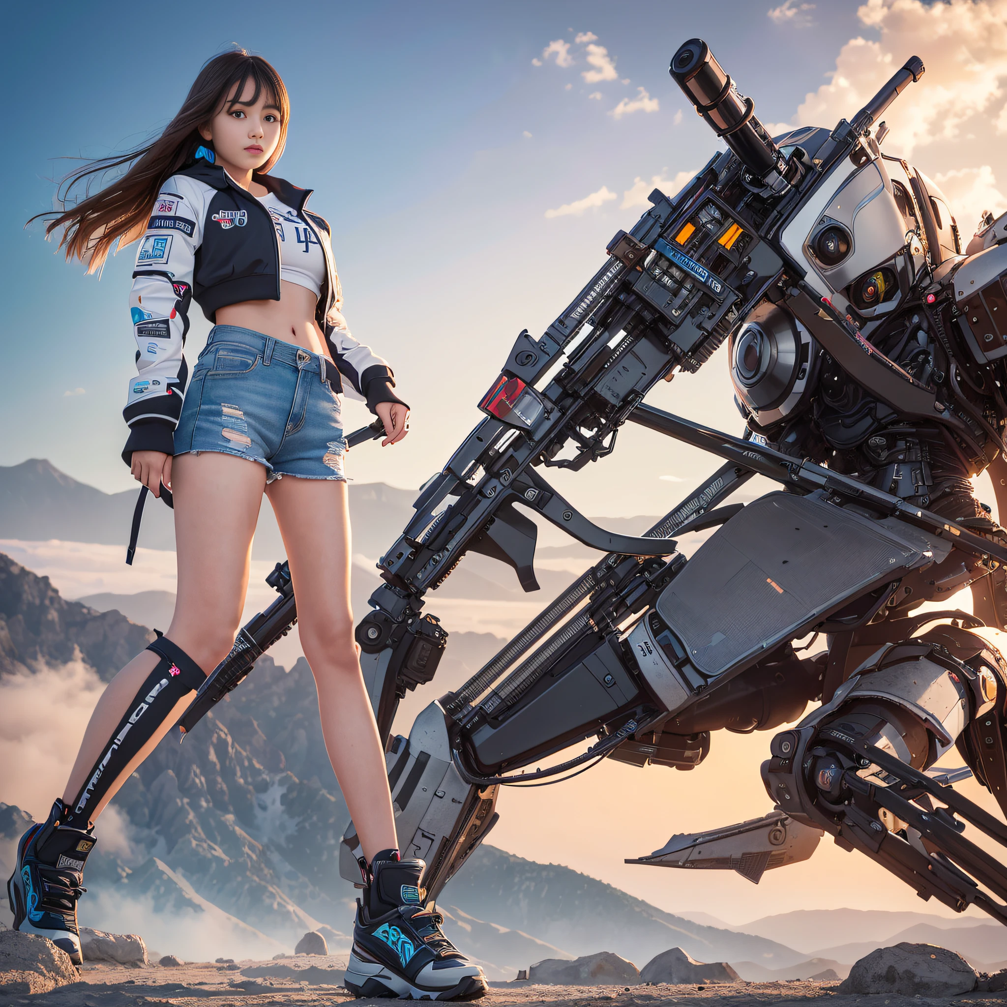 Best quality,Masterpiece,Ultra HD,Super detailed details, 8K,full body,A bright advanced technology Giant Mecha behind it, a girl Girl in Shorts and Jacket in front