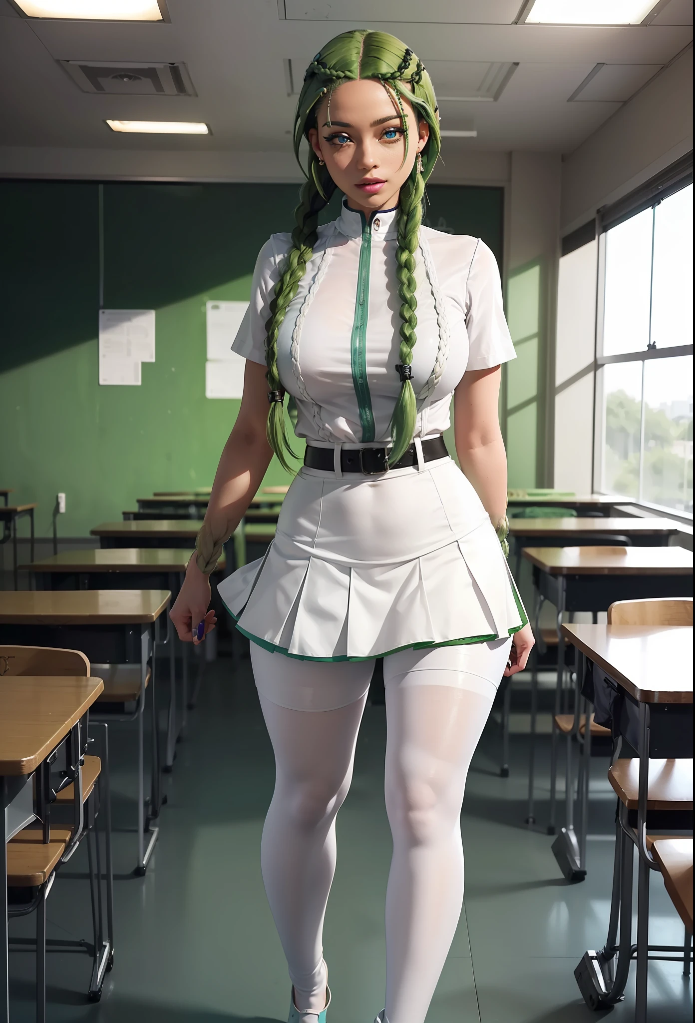 ((Full body photo)). Laura/woman with large breasts is standing, ((wearing white high school outfit with black short skirt and white pantyhose with clip on pants/extremely tight on body/extremely exhibitionist)), wearing (purple lipstick on mouth:1.0), she is inside a classroom with (several students looking at her:1.4), she is looking at the viewer, smiling, posing. She has (very short green hair with braids:1.5) and (blue eyes:1.5), Mortal Kombat, anime, framed, symmetry, 16k, best quality, super detail, textured skin, UHD