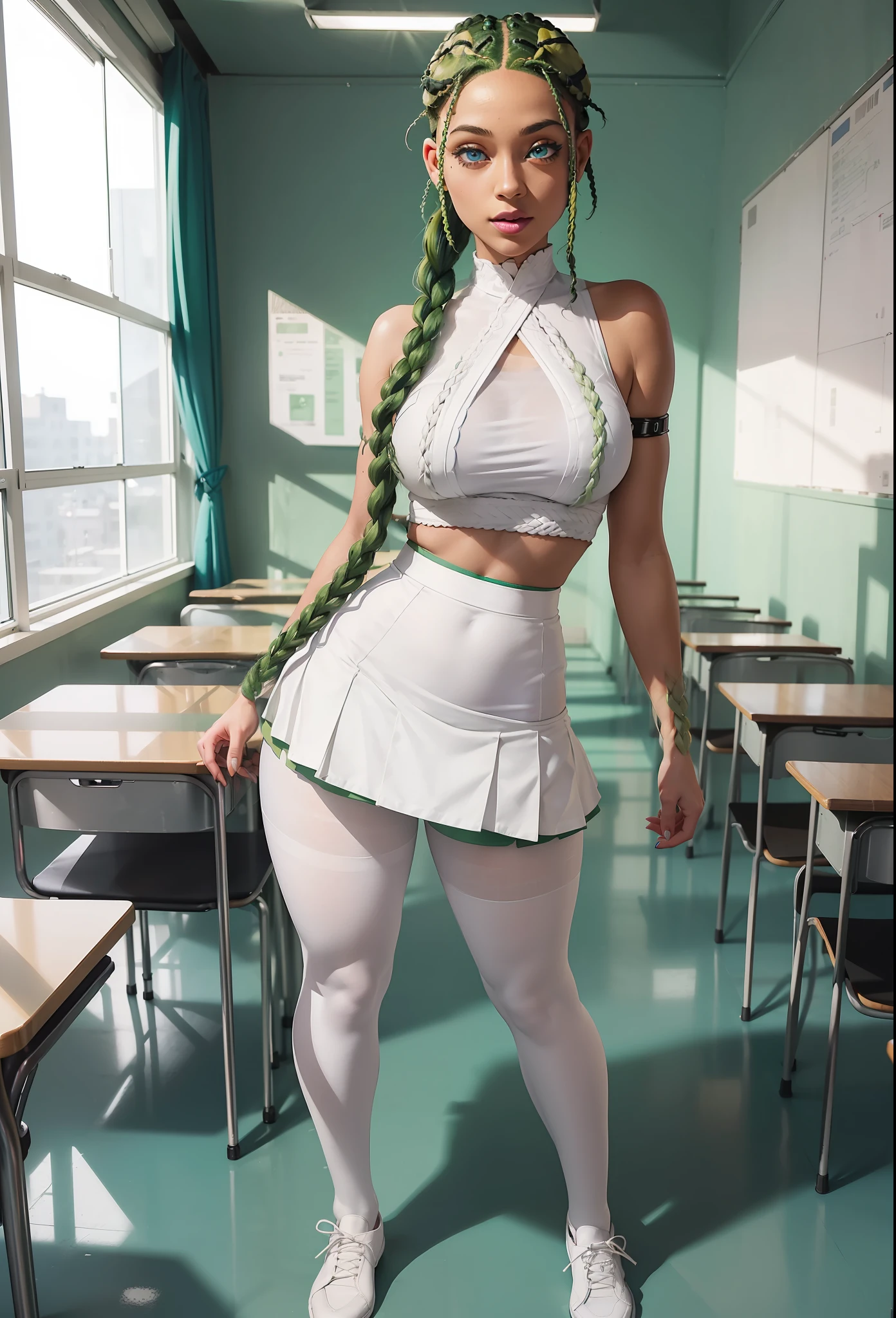((Full body photo)). Laura/woman with large breasts is standing, ((wearing white high school outfit with black short skirt and white pantyhose with clip on pants/extremely tight on body/extremely exhibitionist)), wearing (purple lipstick on mouth:1.0), she is inside a classroom with (several students looking at her:1.4), she is looking at the viewer,  smiling, posing. She has (very short green hair with braids:1.5) and (blue eyes:1.5), Mortal Kombat, anime, framed, symmetry, 16k, best quality, super detail, textured skin, UHD