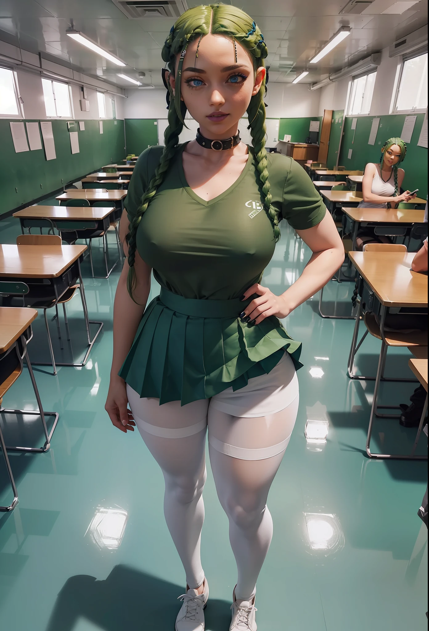 ((Full body photo)). Laura/woman with large breasts is standing, ((wearing white high school outfit with black short skirt and white pantyhose with clip on pants/extremely tight on body/extremely exhibitionist)), wearing (purple lipstick on mouth:1.0), she is inside a classroom with (several students looking at her:1.4), she is looking at the viewer,  smiling, posing. She has (very short green hair with braids:1.5) and (blue eyes:1.5), Mortal Kombat, anime, framed, symmetry, 16k, best quality, super detail, textured skin, UHD