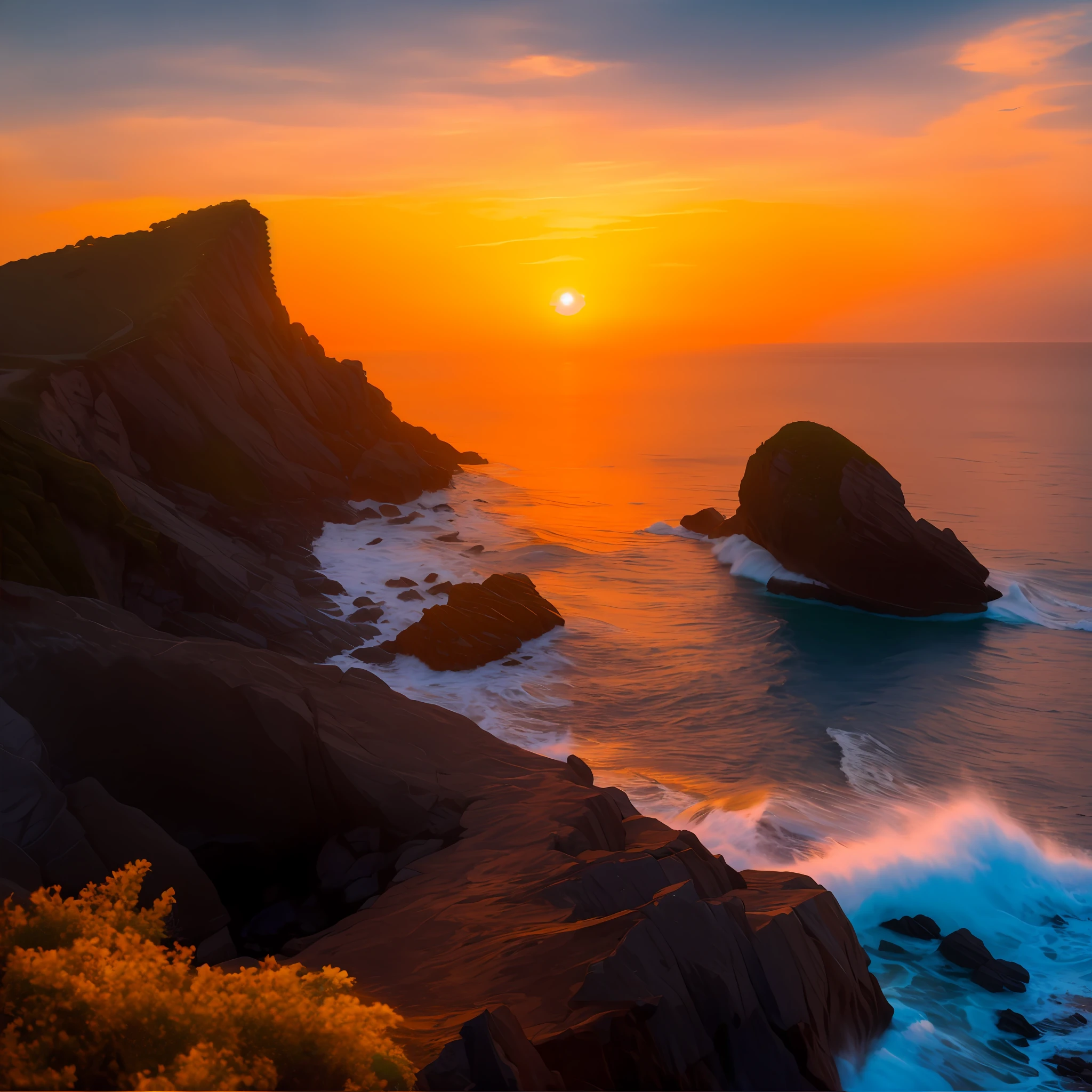 ocean sunset with rocky cliffs and bodies of water, cliff side, sunset light, nice sunset, sunset glow, Alexander Kucharski, sun sets, vibrant landing, mysterious environment, stunning sunset, etienne dreissette, beautiful ocean landscape, photo taken with Nikon D750, photo taken with Nikon d 7 5 0, sunset, distant sea water has a fine wave texture, super fine rock texture on rocks, super fine leaf texture on leaves,