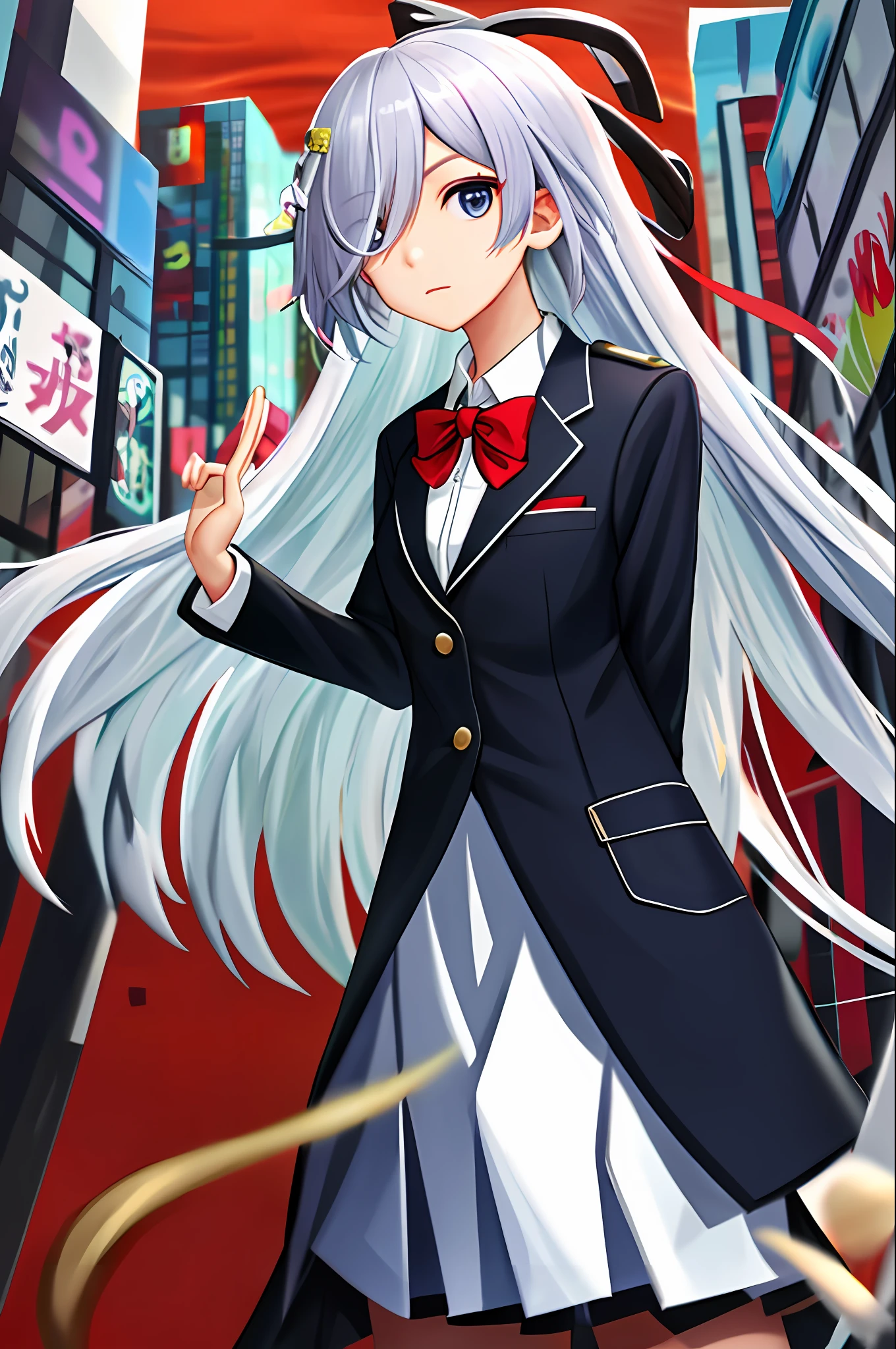 Fu hao, solo, 1girl, city, long hair, hair over one eye, looking at viewer, eyes visible through hair, school uniform, uniform, skirt, simple background, white shirt, blazer, hair ornament,