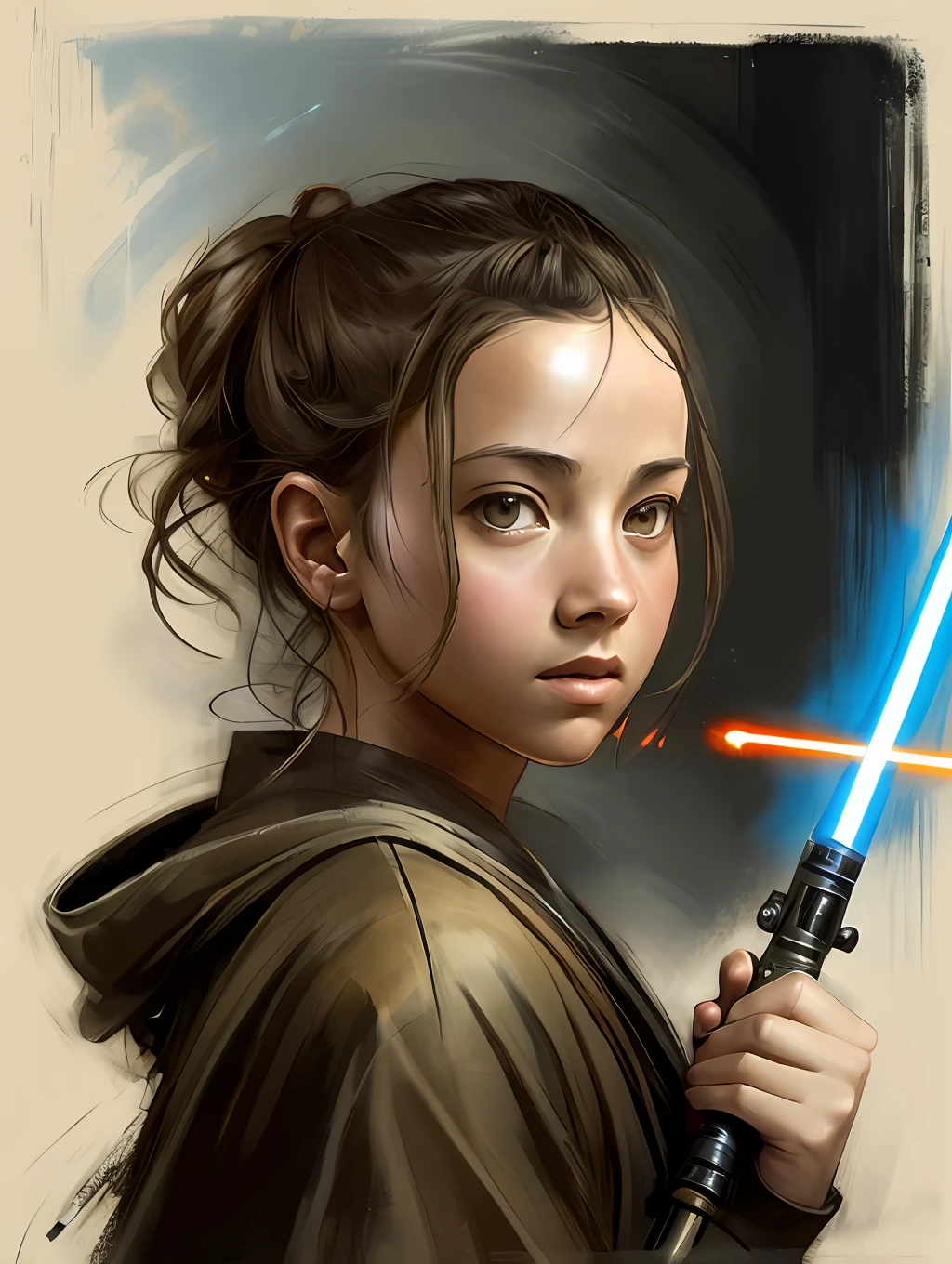 An extremely young Star Wars’s Jedi Grandmaster with a light sabre in the style of Mark Demsteader