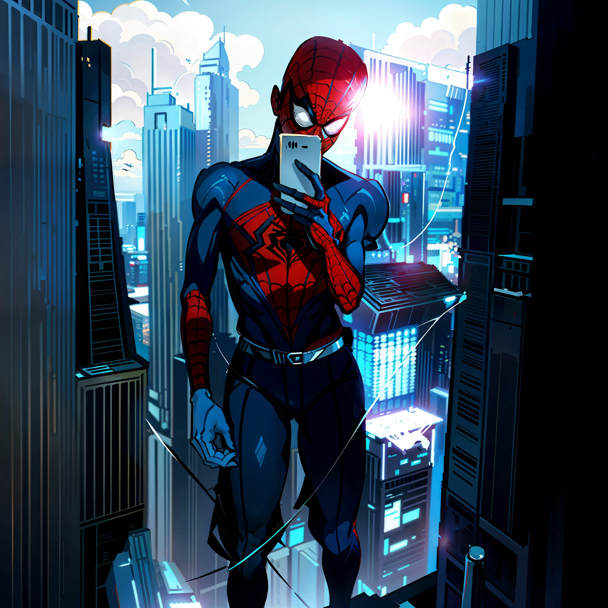 Beautifully illustrated scene of Spiderman standing tall on an iconic skyscraper, taking in the breathtaking beauty of the modern, polished city below. A remarkable and stylized portrayal of a nefarious villain. by J. Scott Campbell's and Jim Lee's heavily detailed and dynamic