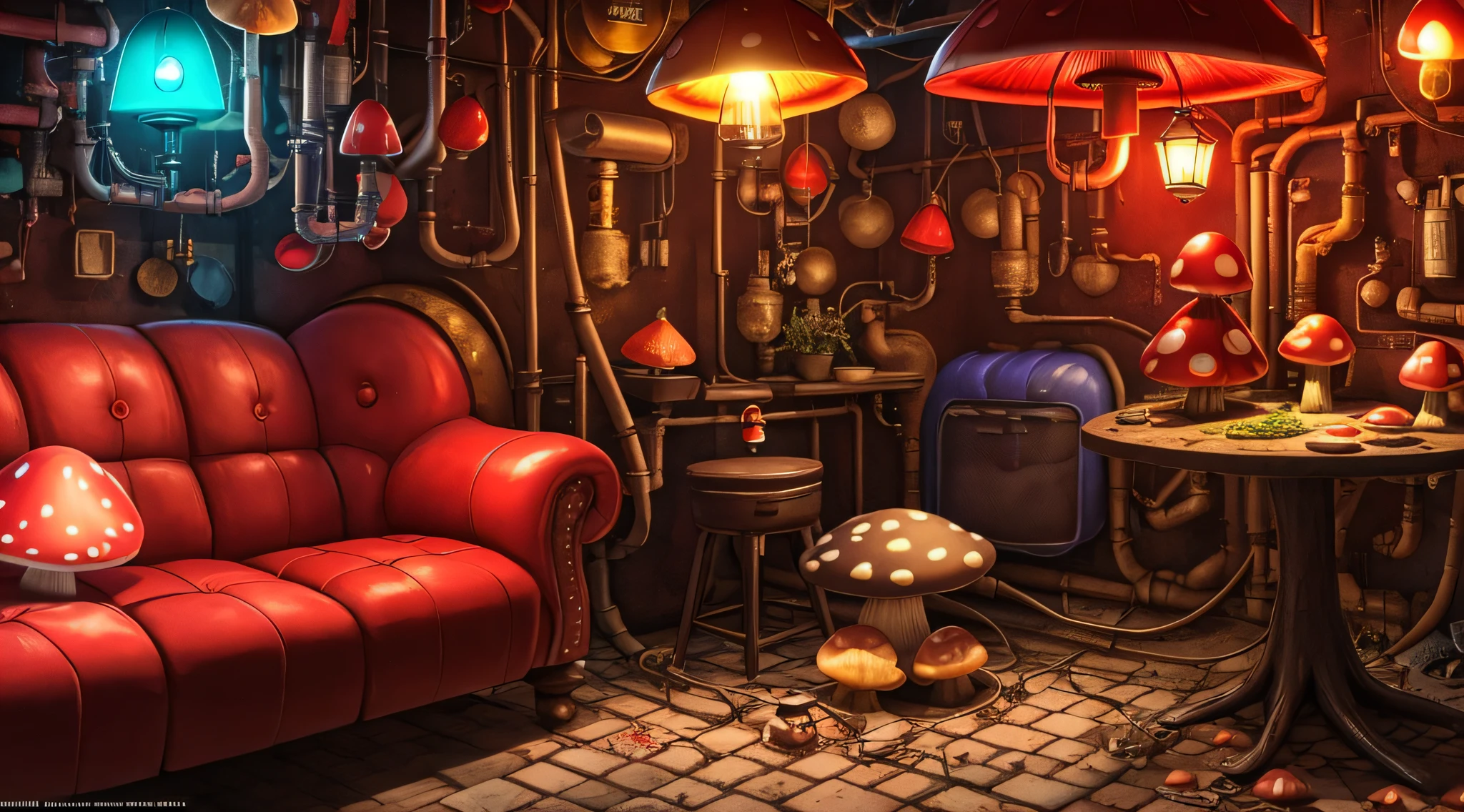 basement, plumbing, colorful mushrooms, red sofa, mushroom table, lantern, cyberpunk, high quality, cinematic lighting, 16k, cinematic lighting, sense of depth, depth of field, wide angle, --auto --s2