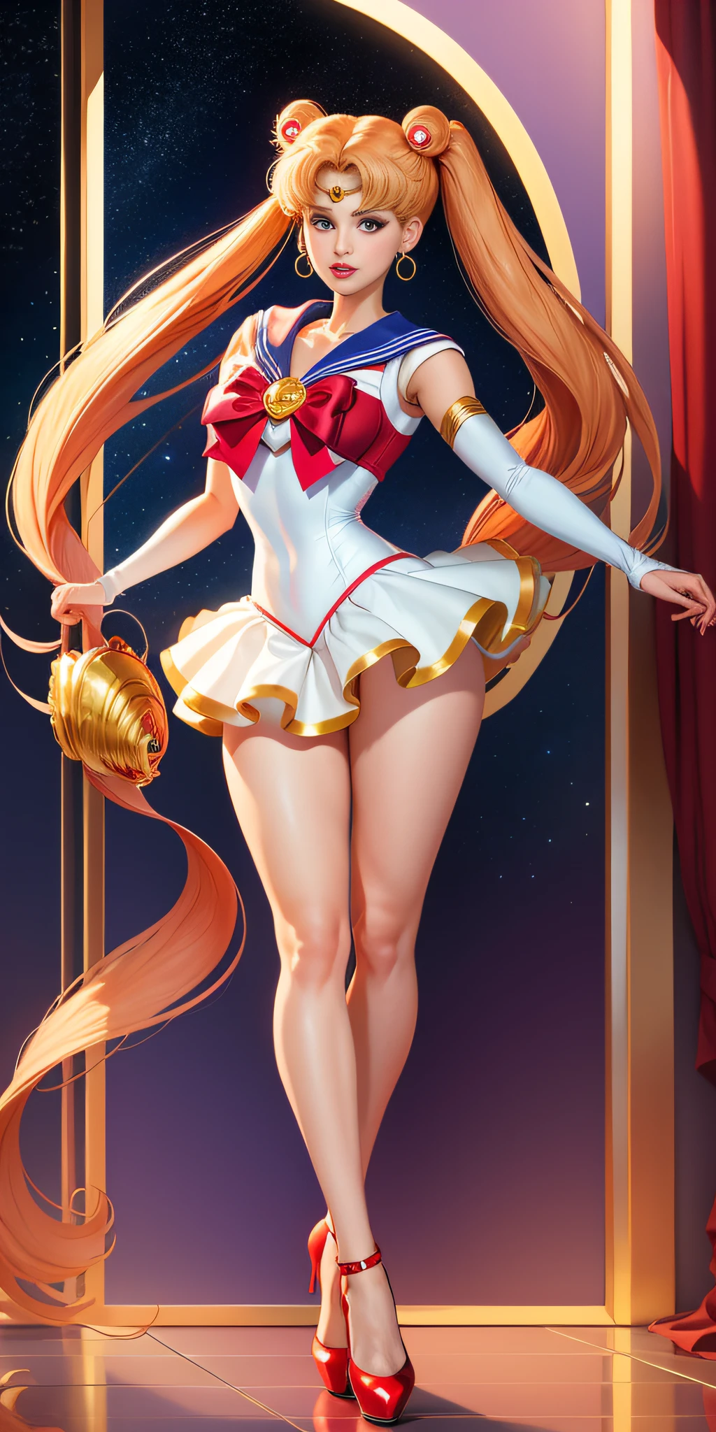 Sailor Moon High Res full body portrait, sexy costume red high heels visible, sticker, no background