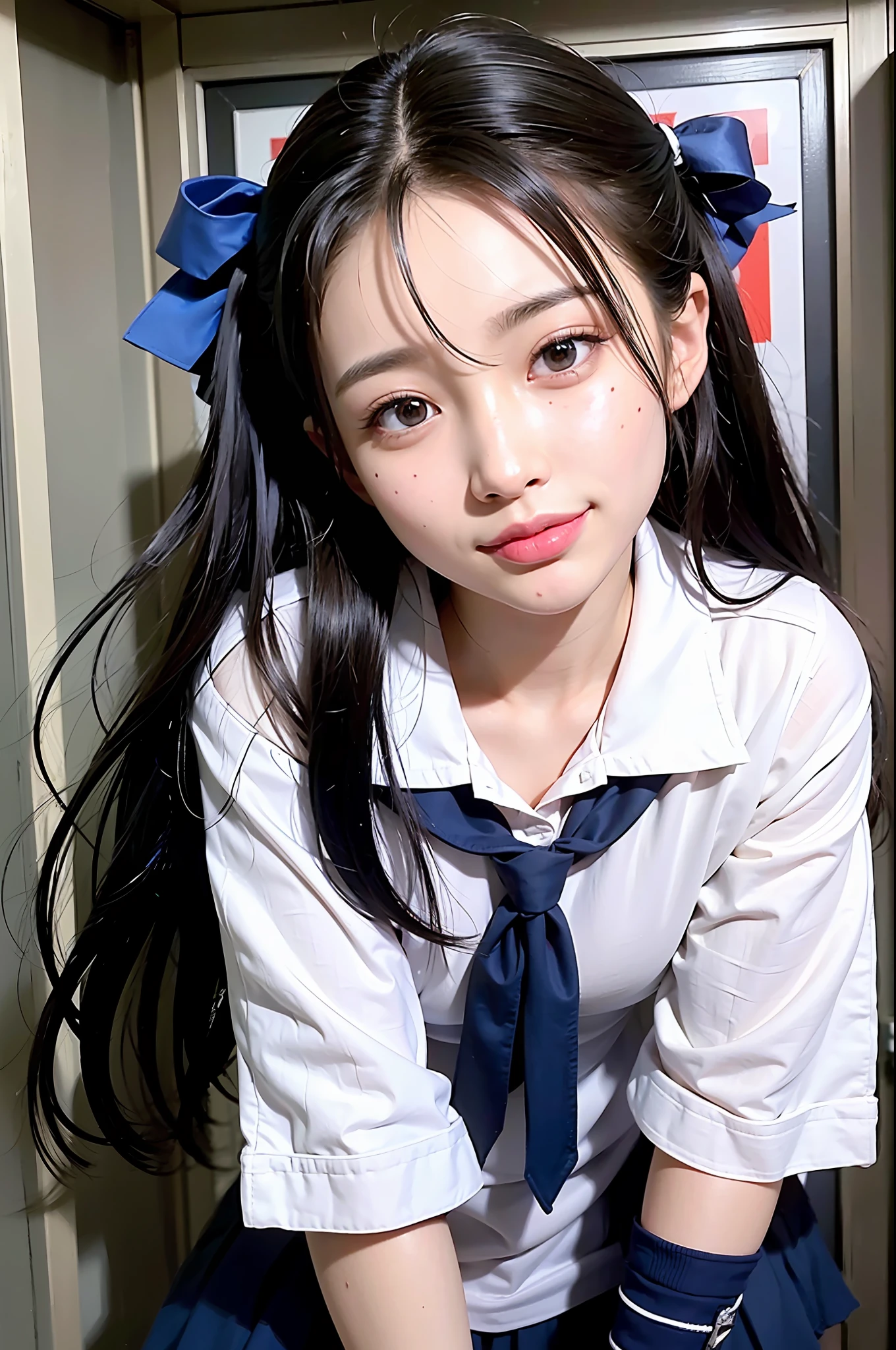 1girl, white skin, long hair, hair ribbon, korean, young, bright blue eyes, thick eyebrows, freckles on skin, head tilted, one ear out, smiling, teeth out, school uniform, small waist, wide thighs, wide thigh gap, on all fours, inside restroom cubicle, hyper-realistic, high detail, 8k, masterpiece