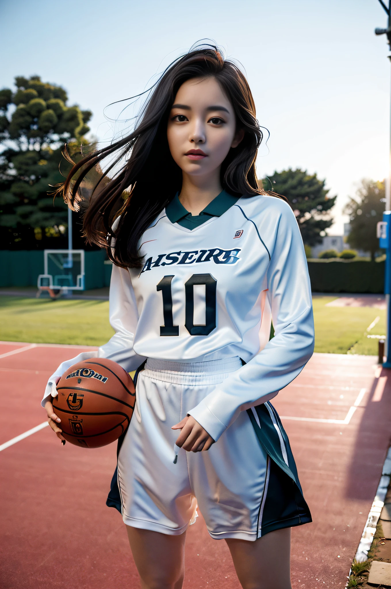 (8k, Best Quality, Masterpiece: 1.2), (Realistic, Photorealistic: 1.37), Super Detailed, Best Quality, Super High Resolution, Professional Lighting, Photon Mapping, Radiosity, Physically Based Rendering, Cinematic Lighting , basketball court, depth of field, focus, sun rays, good composition, (bokeh: 1.2), 1 girl, (whole body), (closed mouth), beautiful eyes, pose, constriction, basketball uniform, black hair , messy hair, long hair blowing in the wind,(ulzzang-6500:1.2) mix4, hiqcgbody