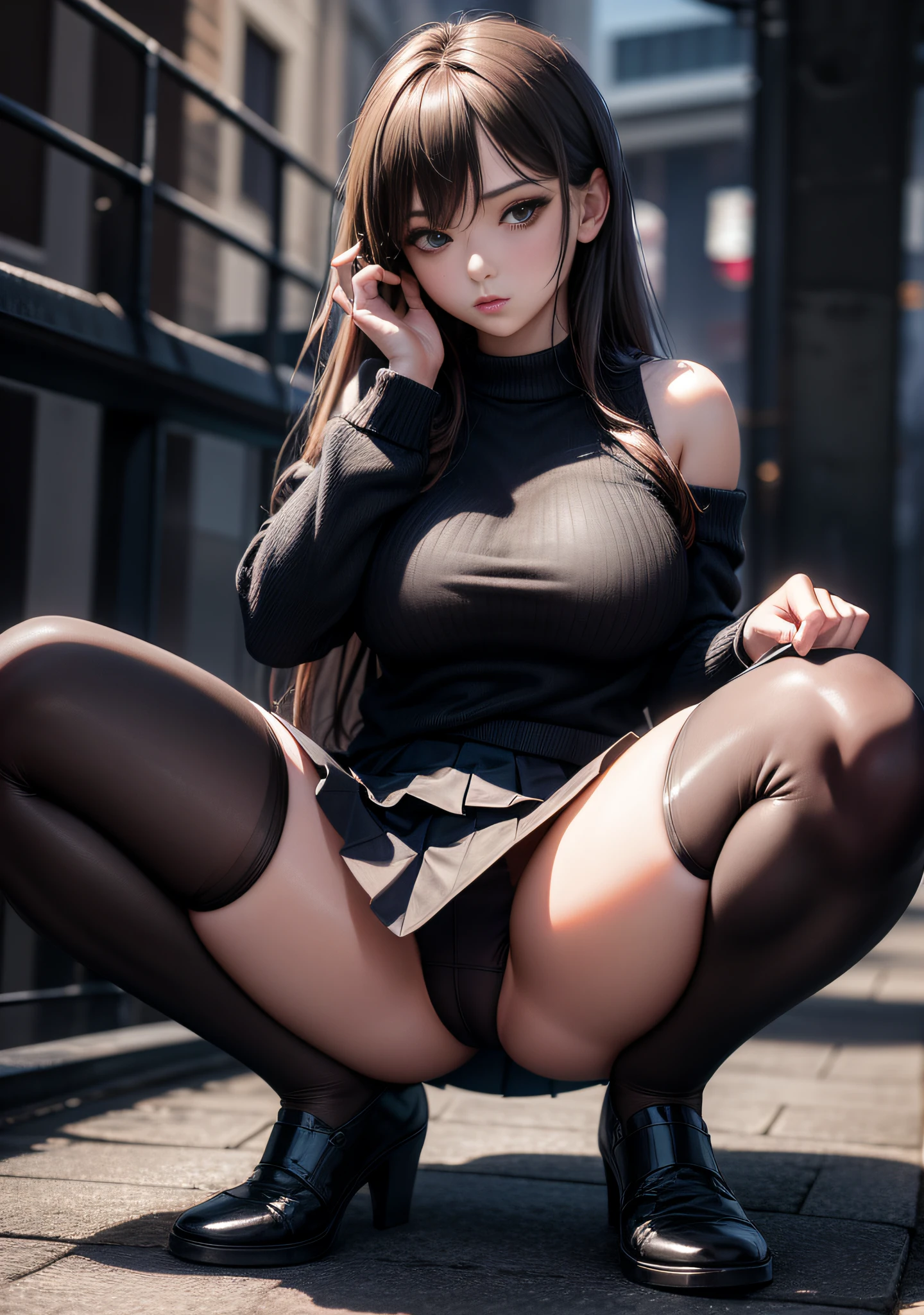 High Resolution, Top Quality, Masterpiece, Ultra High Quality, Ultra Detail, Ultra Realistic, 3D, Anime, Illustration, Fantasy, Solo, ((Beautiful Female Student Short Skirt)), Squatting and Touching Her Hair, (Looking at the camera), (Background Blur))), Brown leather shoes, Bare feet, (Cotton underwear), Large breasts, Front shooting,