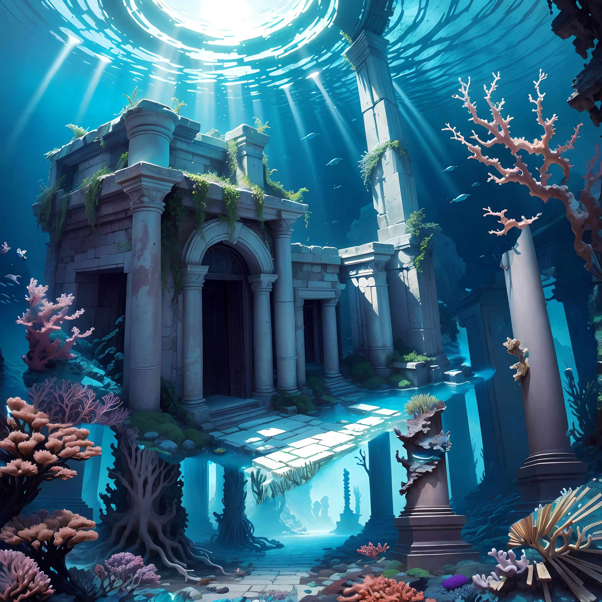 Broken statue pillars, deep-sea creatures, corals, fantastic and incredible