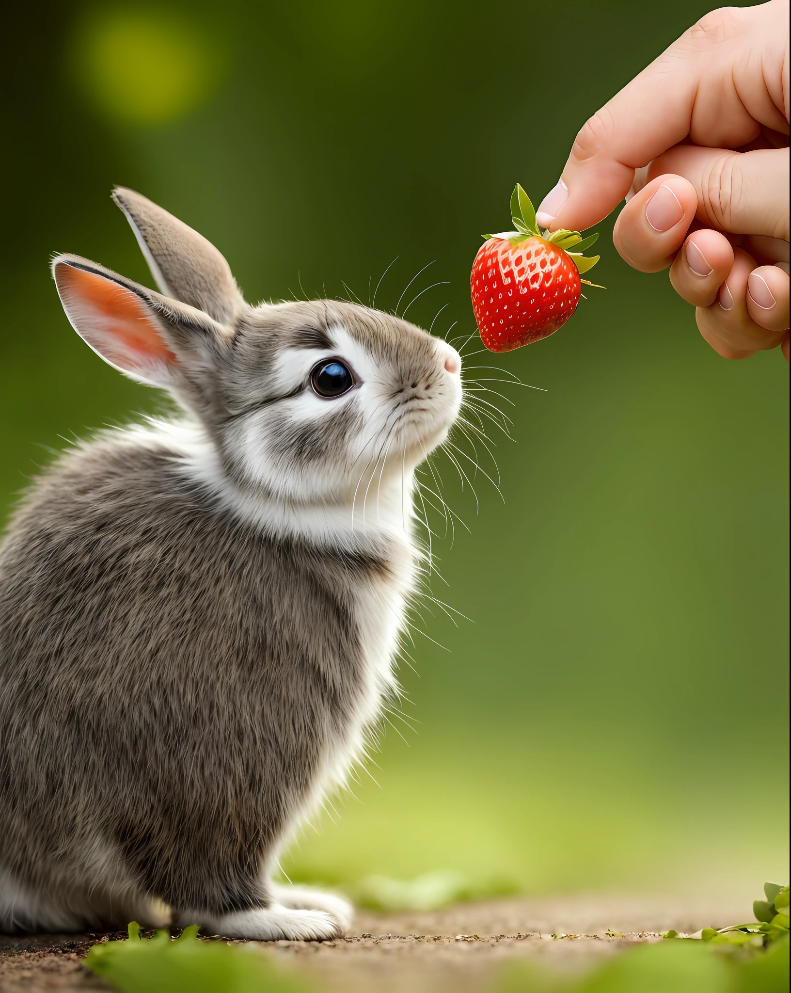 Little rabbit eating strawberries from a man's hand, bright background