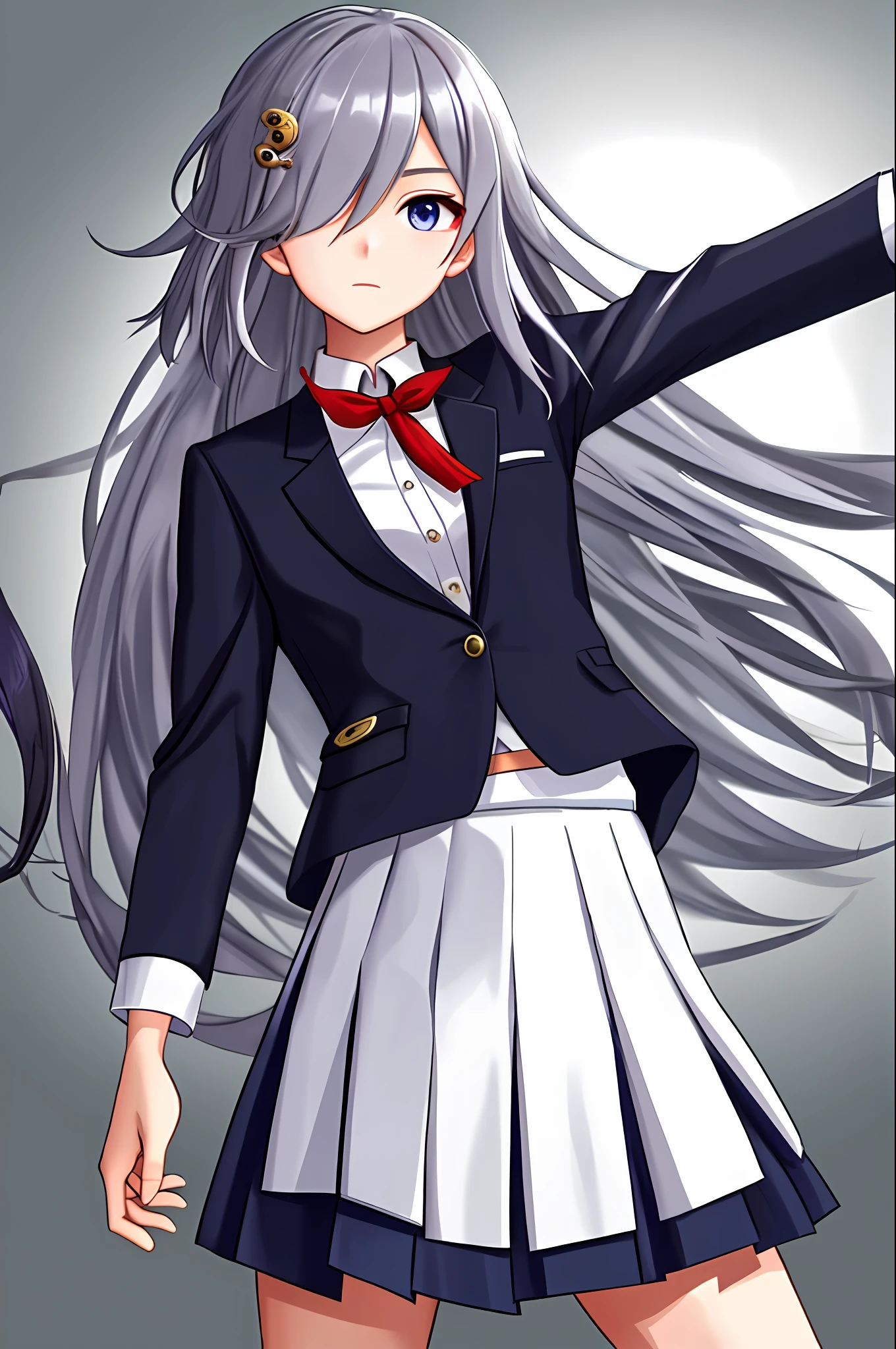 Fu hao, solo, 1girl, city, long hair, hair over one eye, looking at viewer, eyes visible through hair, school uniform, uniform, skirt, simple background, white shirt, blazer, hair ornament, grey hair,