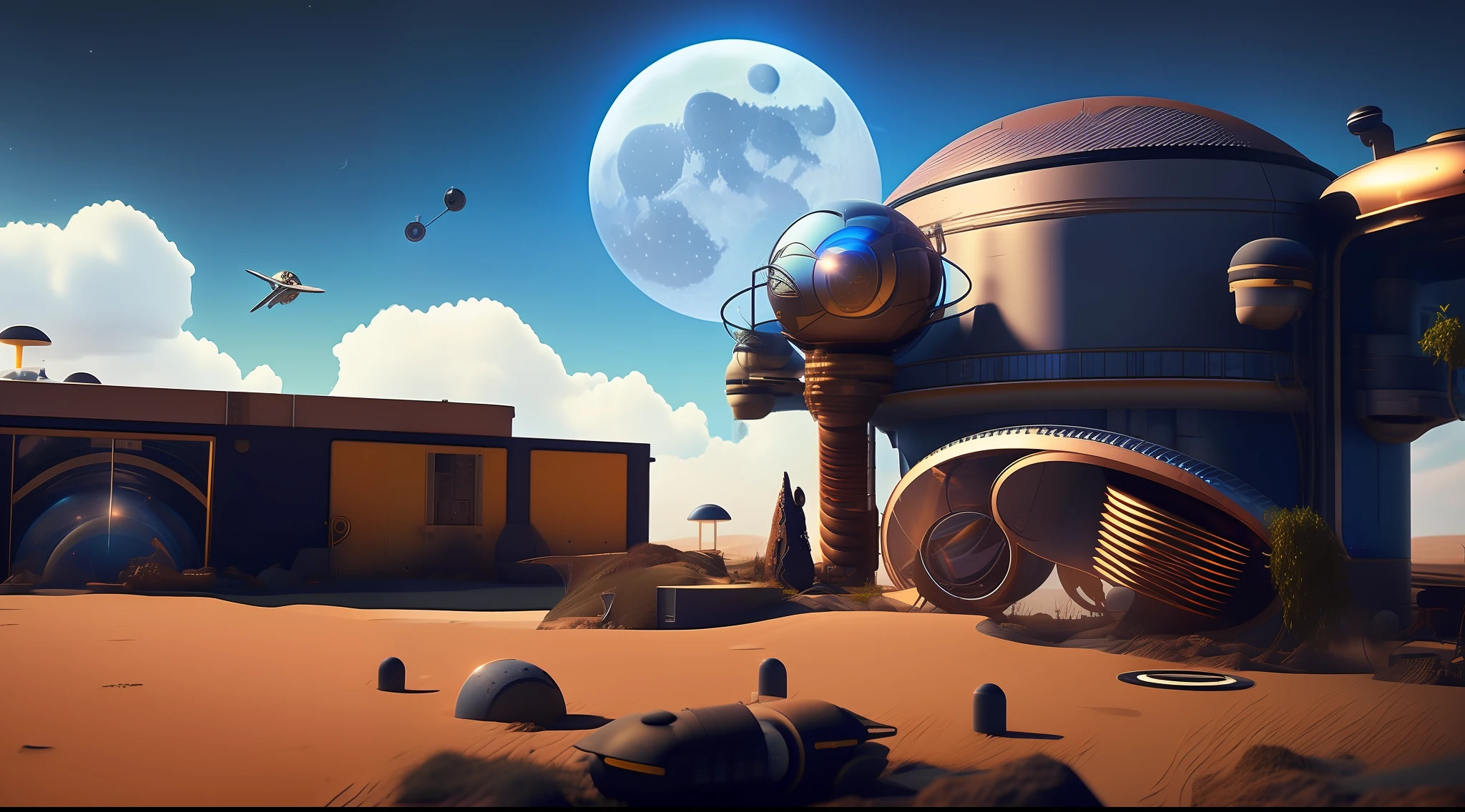 an extremely complex futuristic and advanced steampunk house, a flying vehicle in the garage, sci fi, lots of technology on the walls of the house, Airlock, decoration technology, (Siliconpunk:1) normal small houses next door, blue lawn, 2 sun in the sky, 2 moon in the sky, 200mm lens, high quality, high definition, uhd,